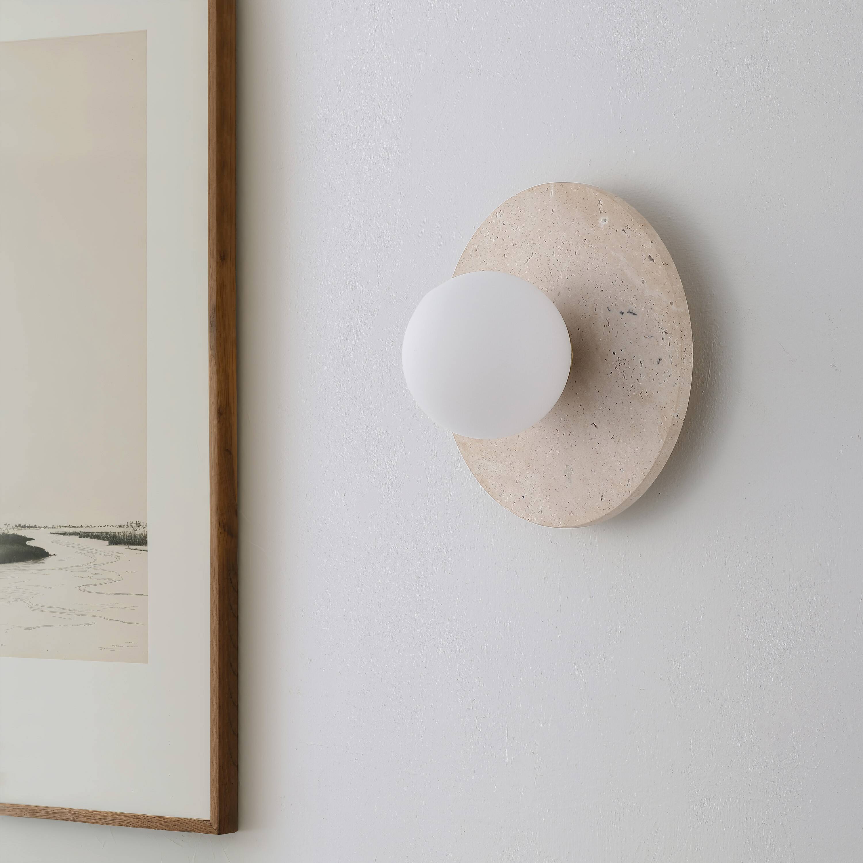 Alt View 9. Jonathan Y - Tivoli 9.75" Modern Minimalist 1-Light Ovoid Travertine LED Wall Sconce, Light Brown - Light Brown/Brass Gold.