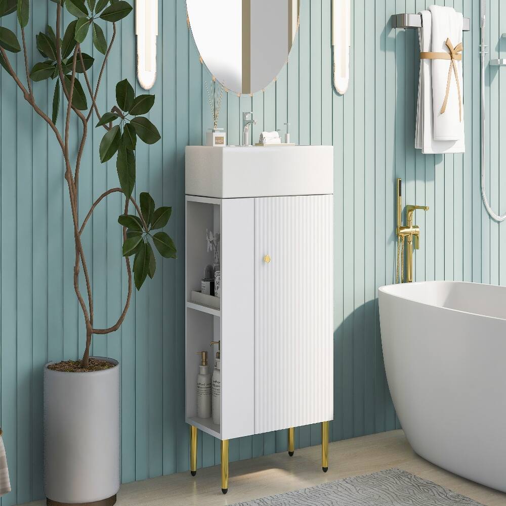 Left. Loheer - Loheer 21.6 inch White Bathroom Vanity with Ceramic Sink and Left Side Storage - White.