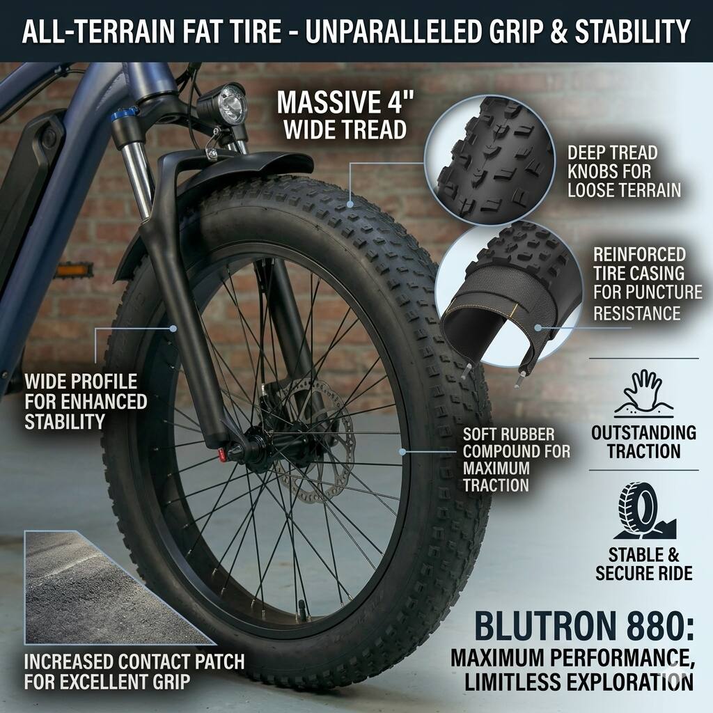 ALL-TERRAIN FAT TIRE - UNPARALLELED GRIP & STABILITY

MASSIVE 4" WIDE TREAD

- DEEP TREAD KNOBS FOR LOOSE TERRAIN
- REINFORCED TIRE CASING FOR PUNCTURE RESISTANCE
- WIDE PROFILE FOR ENHANCED STABILITY
- SOFT RUBBER COMPOUND FOR MAXIMUM TRACTION
- INCREASED CONTACT PATCH FOR EXCELLENT GRIP
- OUTSTANDING TRACTION
- STABLE & SECURE RIDE

BLUTRON 880: MAXIMUM PERFORMANCE, LIMITLESS EXPLORATION