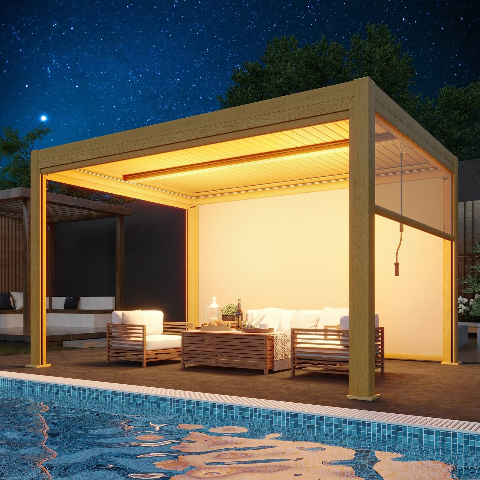 Angle. U-HOMY - Outdoor Aluminum Louvered Pergola Gazebo with Adjustable Rainproof Roof and Wood Grain Finish - 10'x13'.