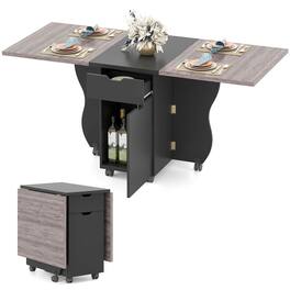 Costway - Folding Dining Table with Lockable Wheels, 2 Drawers & 2 Cabinets for Small Spaces - Black + Gray