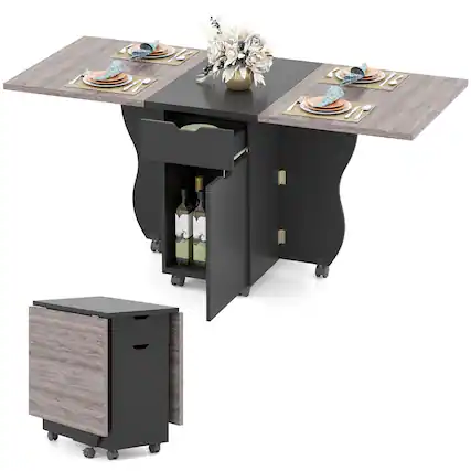 Front. Costway - Costway Folding Dining Table with Lockable Wheels, 2 Drawers & 2 Cabinets for Small Spaces - Black + Gray.