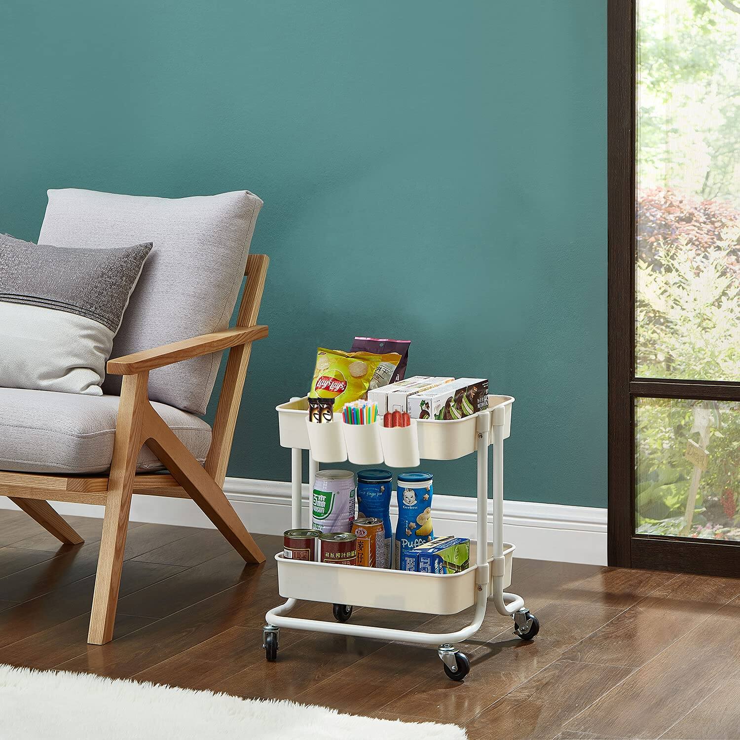 Left. JETRANSPORT - 2-tier Utility Rolling Cart Storage Sofa Side Table With Wheels Mobile Trolley Organizer For Office Home - B- White.