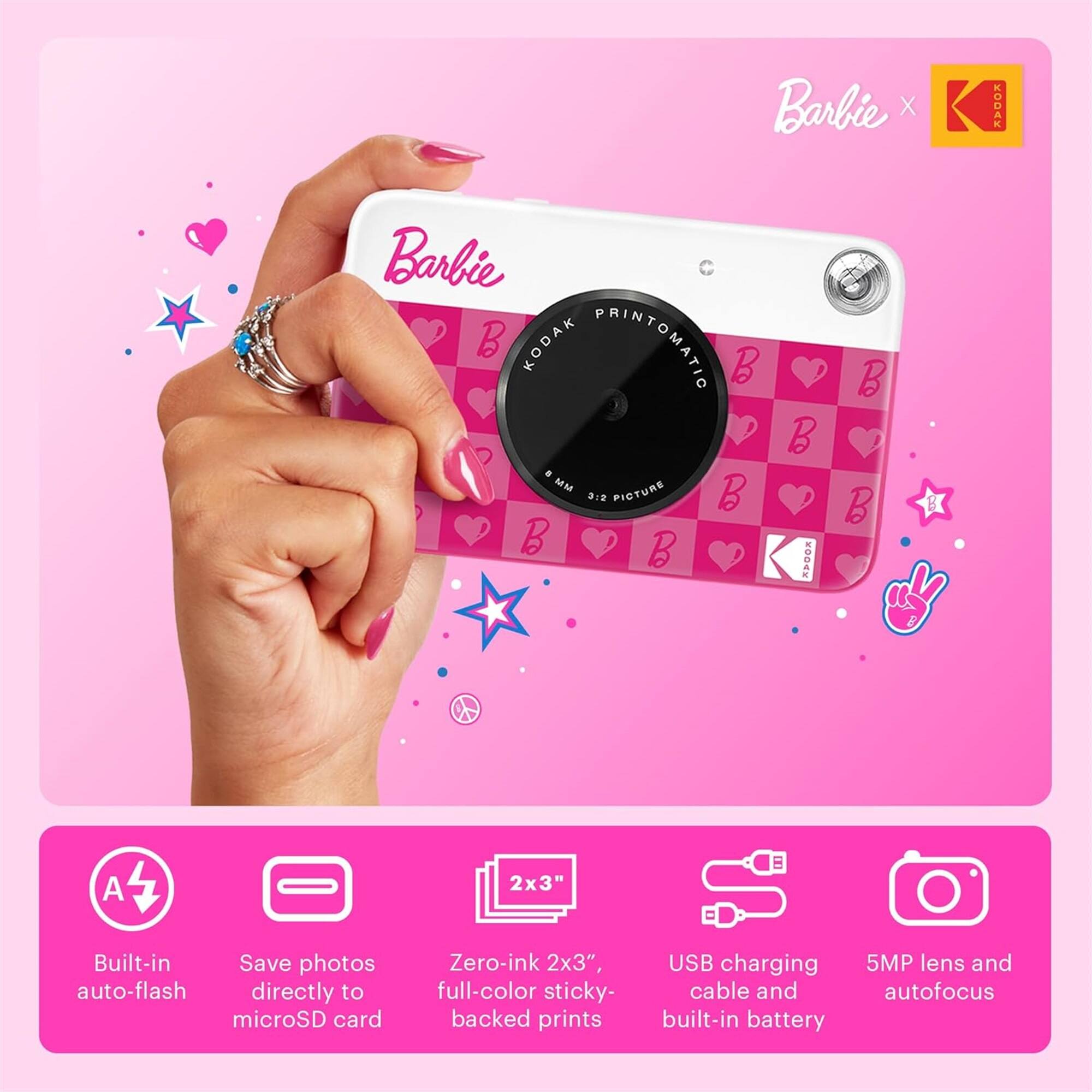 Barbie X KODAK PRINTOMATIC 2x3" Sticky-backed prints

Built-in auto-flash
Save photos directly to microSD card
Zero-ink
USB charging cable and built-in battery
5MP lens and autofocus