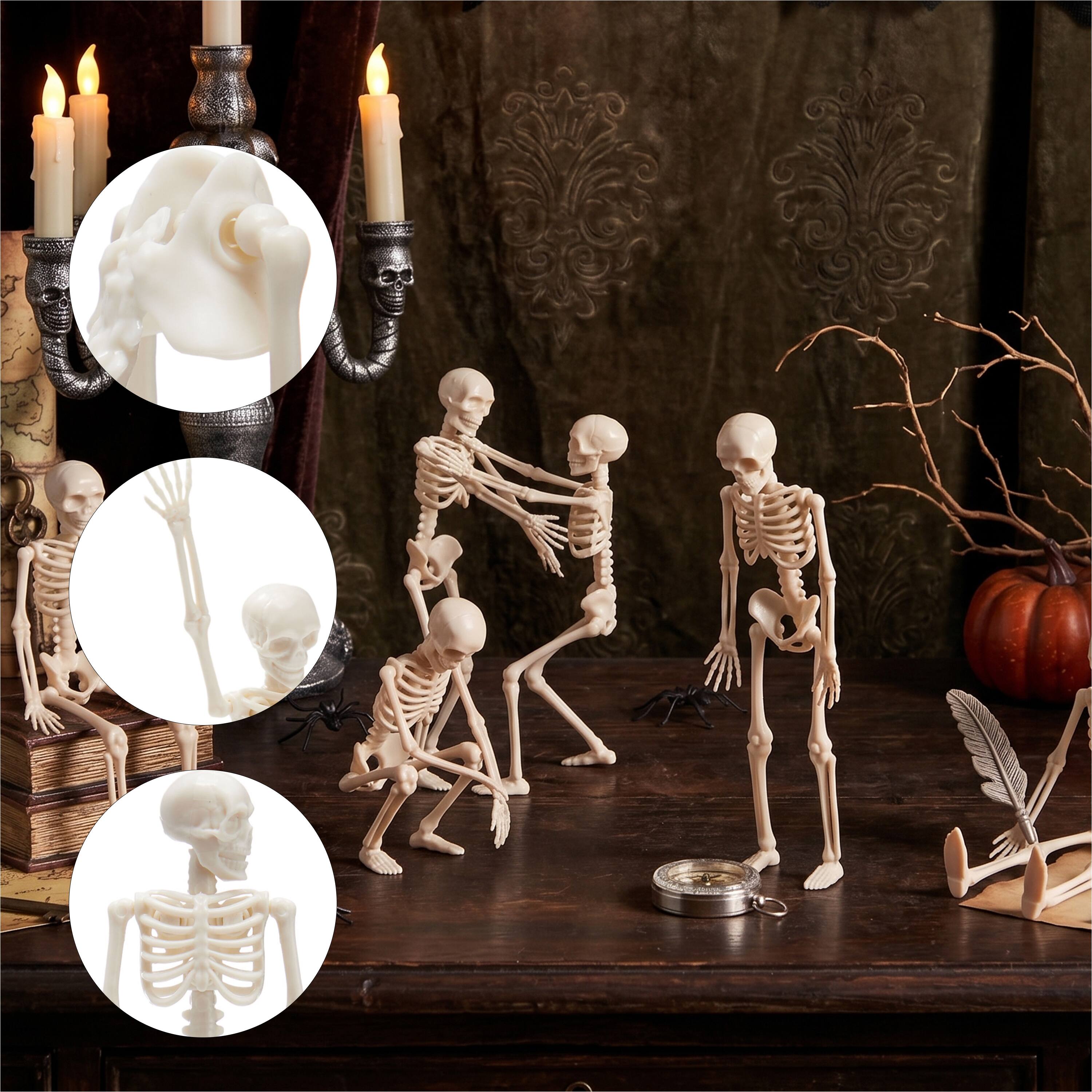 Back. Joyfy - 12 PCS Halloween Mini Skeleton Figurines, 6" Plastic Poseable Small Skeletons Toys Decorations for Haunted House Prop - White.