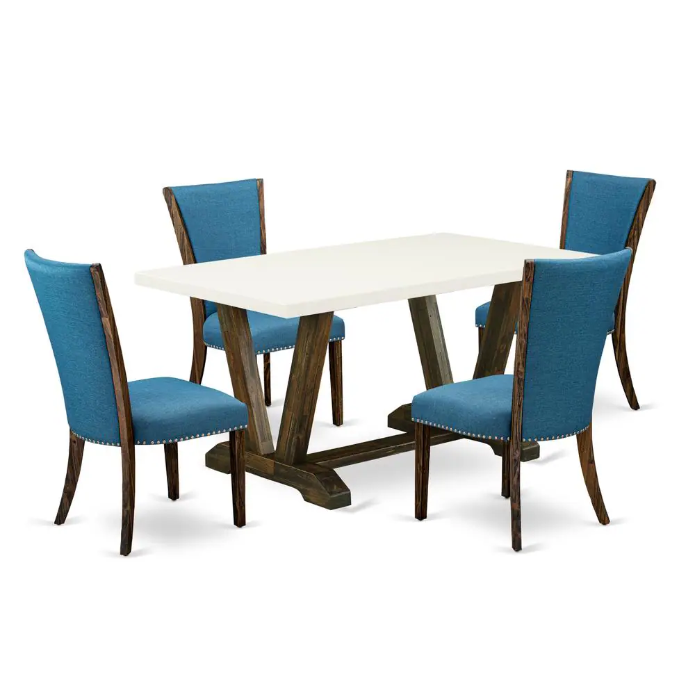 Left. East West Furniture - East West Furniture V726VE721-5 5Pc Dining Table Set Includes a Dining Table and 4 Parson Chairs with Blue Color Linen - Multi-Color.