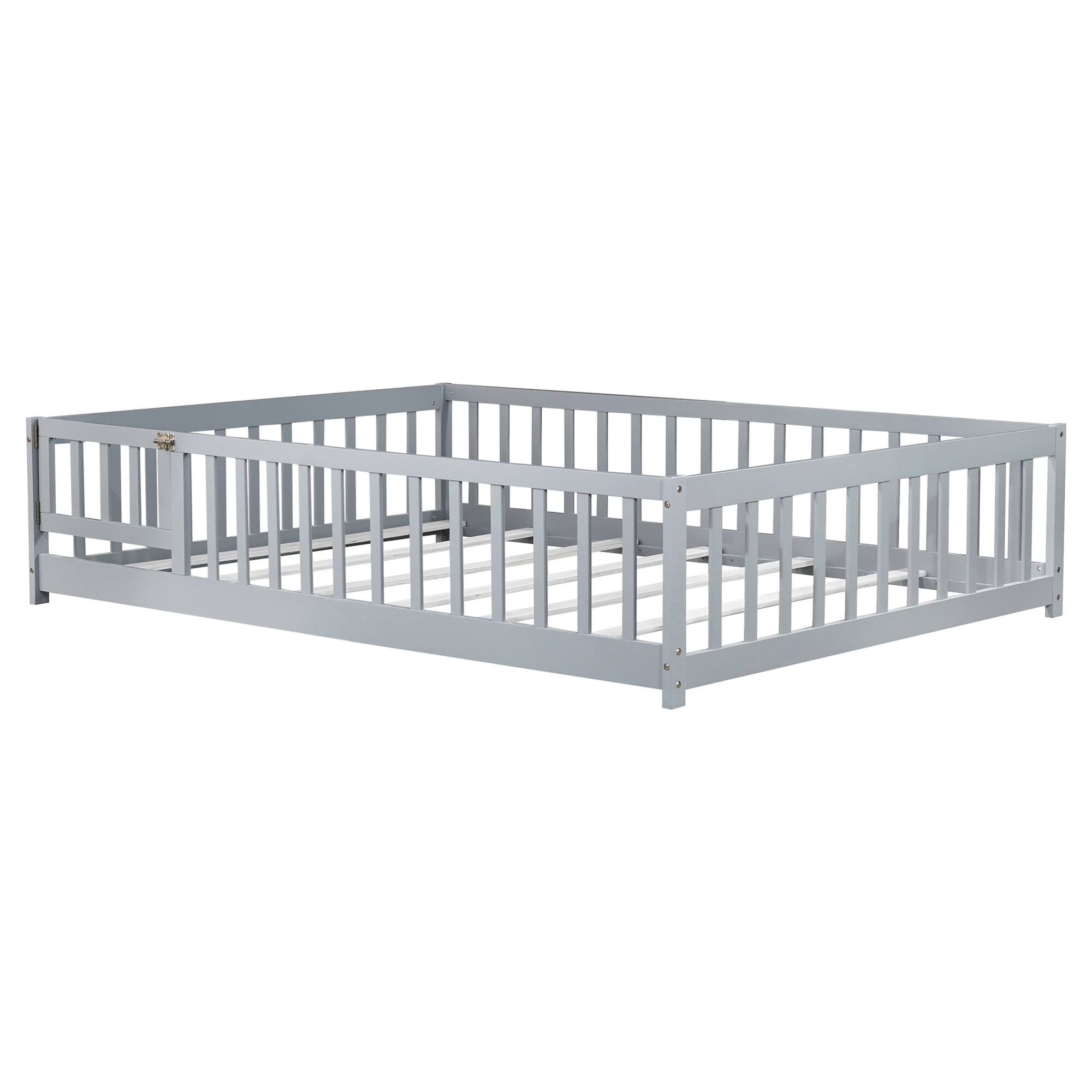 Alt View 5. GOODSILO - Full Size Low Profile Children's Floor Bed with Safety Guardrails and Entry Door, Solid Wood Construction - Grey.