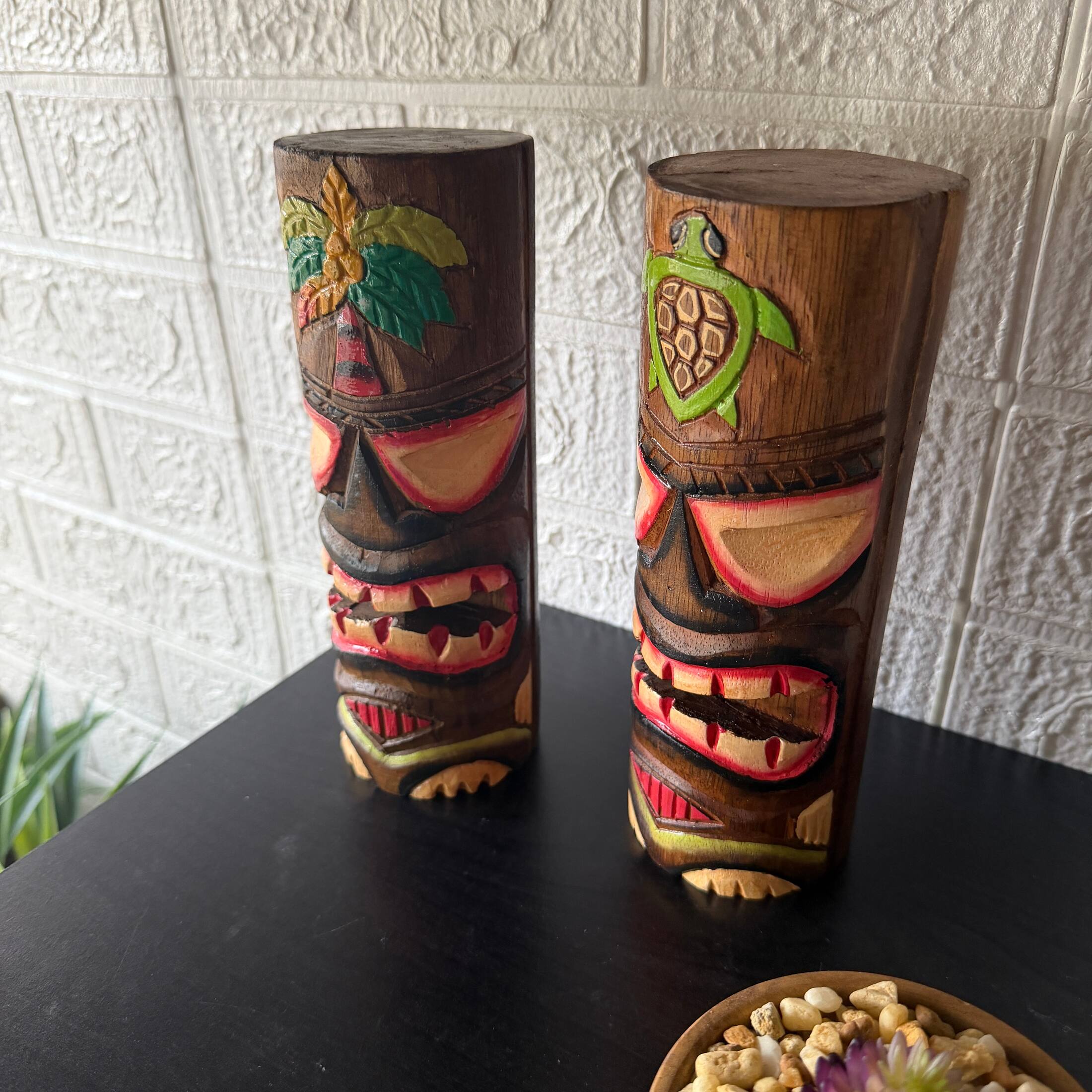 Alt View 5. Things2Die4 - Hand Carved Wood Tiki Totem Pole Statues Set of 2 8 Inch Tall Turtle Palm Decor - Brown.