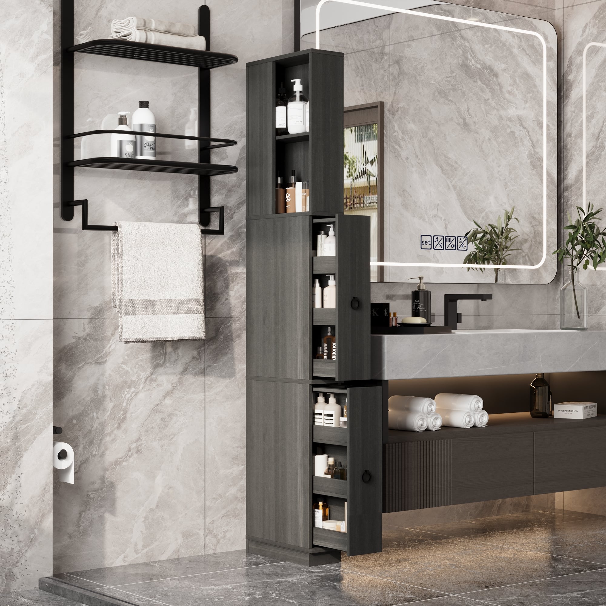 Famapy - Slim Tall Storage Cabinet with Dark Gray Wood Grain, Narrow Floor Cabinet for Bathroom, Bedroom or Closet Organization - Black