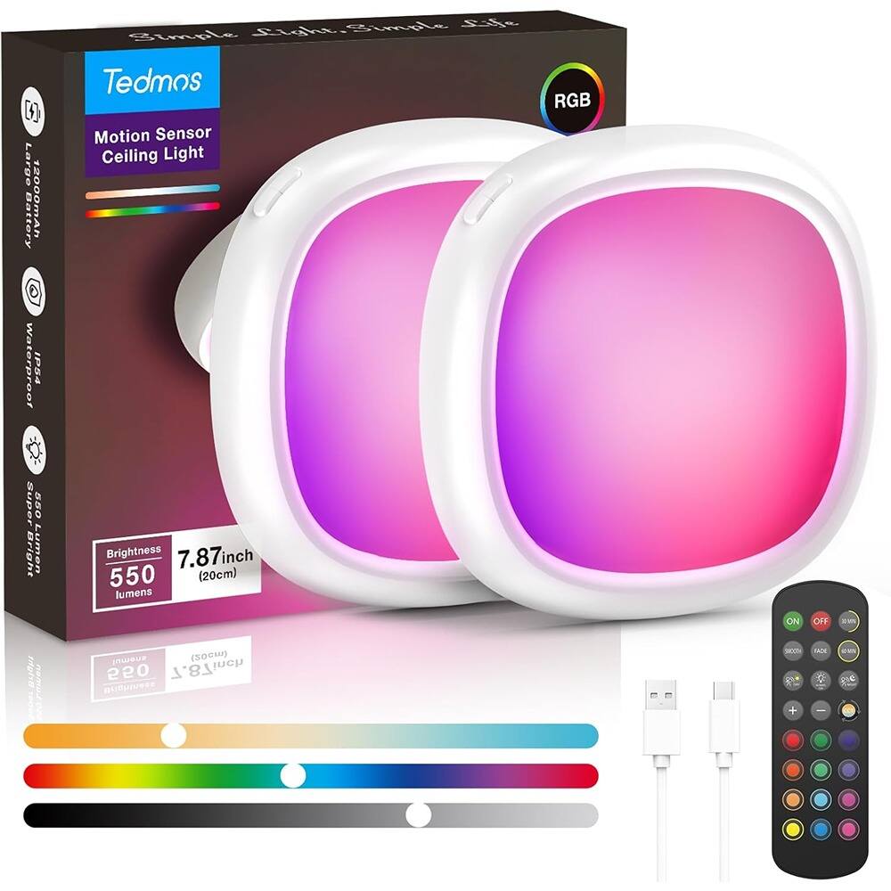 Sure, here is the corrected and grouped text from the image:
---
**Tedmos**
**Motion Sensor Ceiling Light**
- **RGB**
- **Brightness:** 550 lumens
- **Size:** 7.87 inch (20cm)
- **Battery:** 12000mAh
- **Waterproof**
- **IPS4**
- **Super Bright Lumen**
- **ON - OFF**
**Features:**
- Motion Sensor
- Waterproof
- RGB Color Changing
- Brightness Adjustable
- 220V Power Supply
**Included:**
- Remote Control
- USB Charging Cable
**Specifications:**
- **Power:** 220V
- **Size:** 7.87 inch (20cm)
- **Lumens:** 550
- **Battery:** 12000mAh
**Simple Light, Simple Life**
---