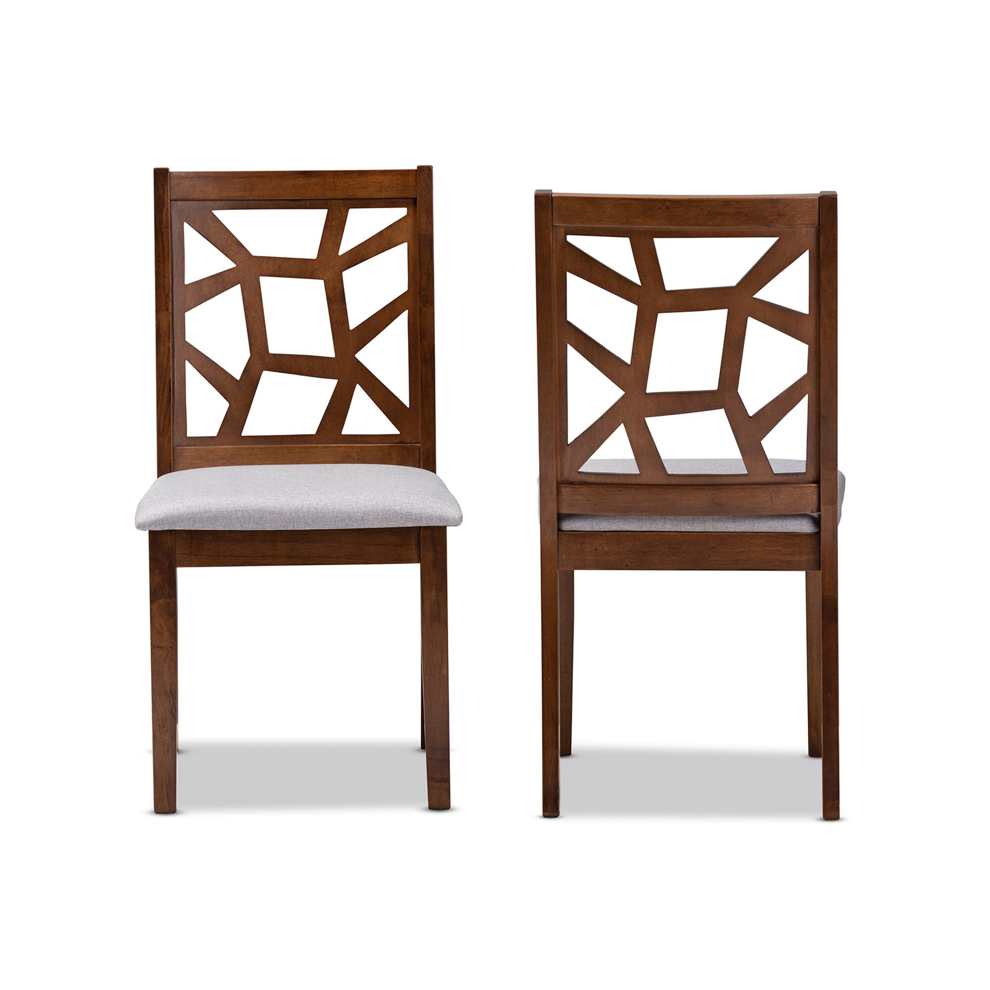 Angle. Baxton Studio - Set of 2 Abilene Mid-Century Fabric Upholstered and Finished Dining Chairs - Grey/Walnut Brown.
