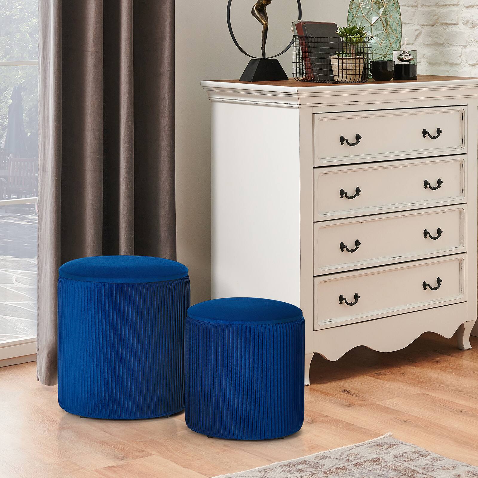 Alt View 3. Oumilen - 2 Pack Navy Blue Velvet Round Storage Ottomans – Large & Small Flip Wooden Lid Foot Stool Set for Living Room - Blue.