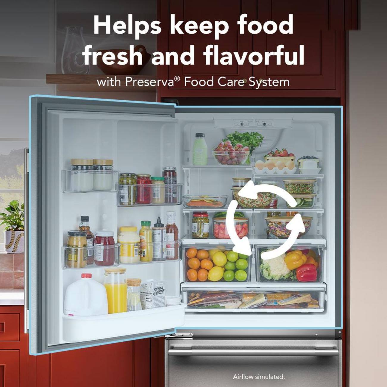 Helps keep food fresh and flavorful with Preserva® Food Care System. Airflow simulated.