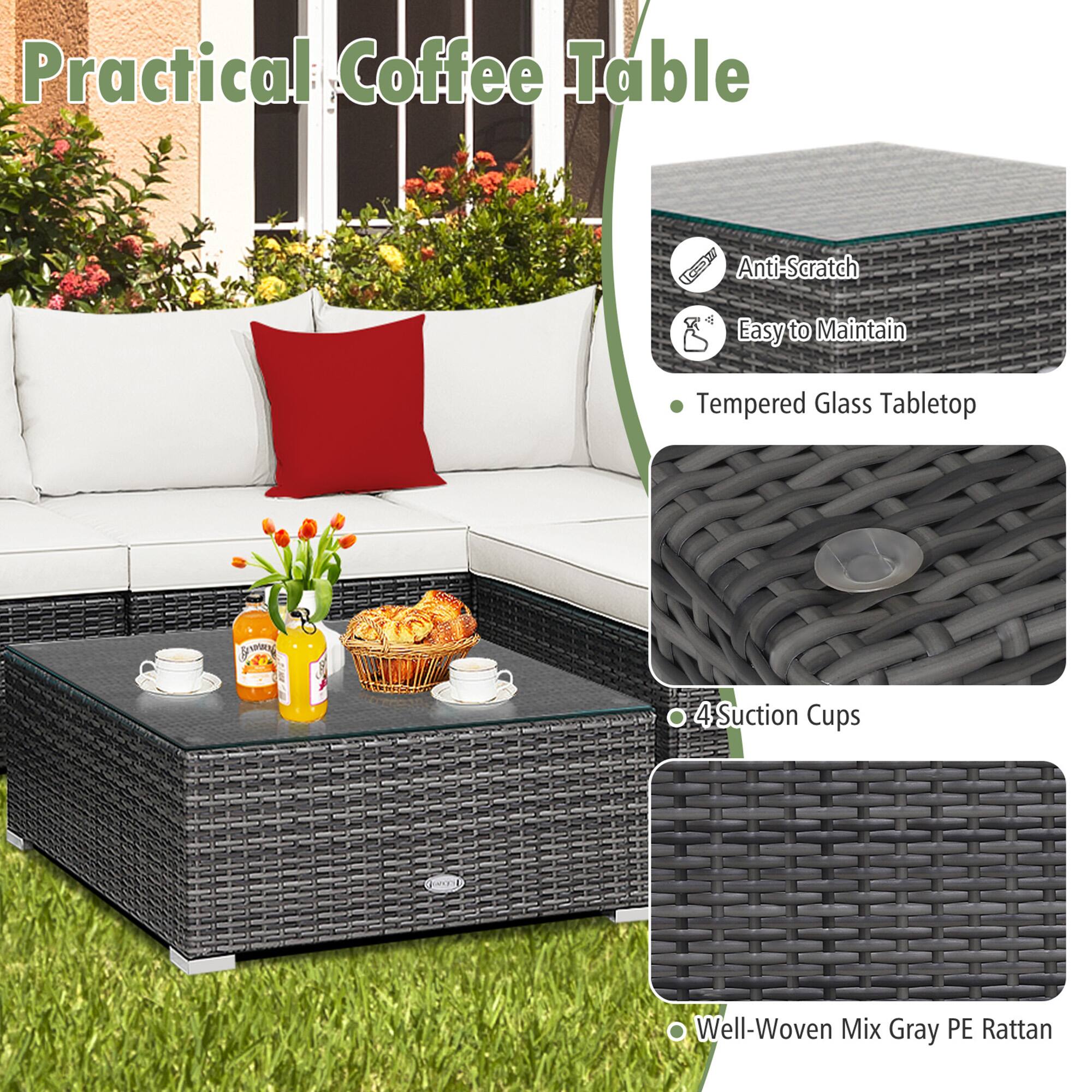 Practical Coffee Table

- Anti-Scratch
- Easy to Maintain
- Tempered Glass Tabletop
- 4 Suction Cups
- Well-Woven Mix Gray PE Rattan