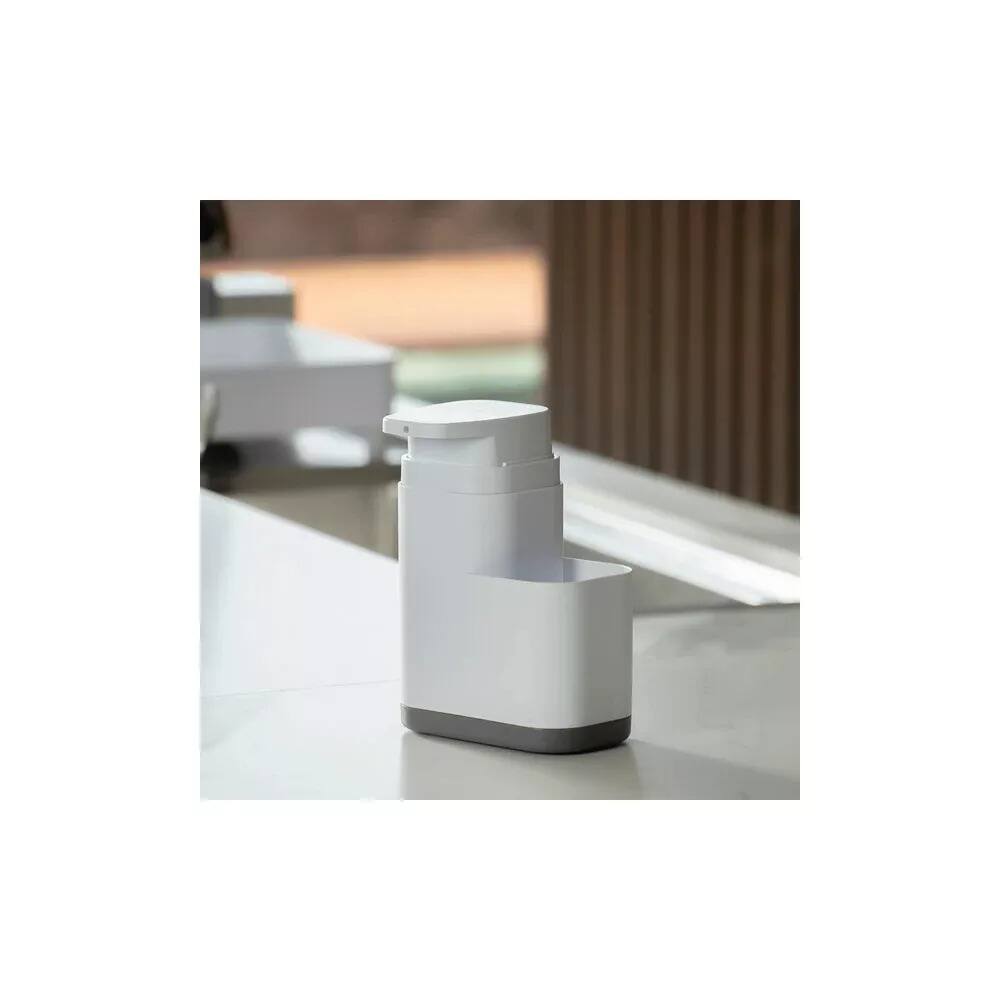 Angle. OU - 19 oz Refillable Plastic Soap Dispenser with Sponge Holder & Removable Drip Tray for Kitchen Sink - White.