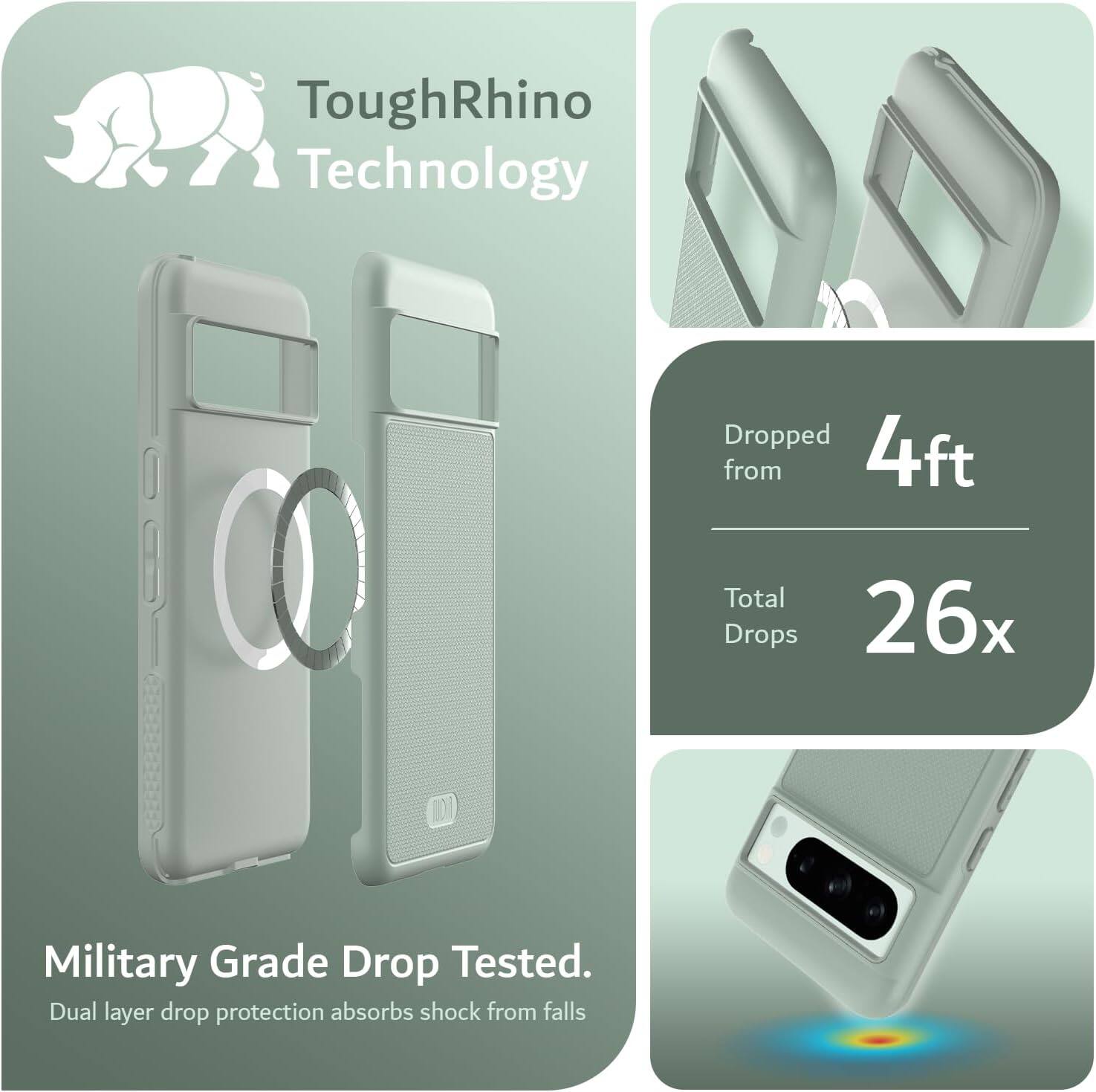 ToughRhino Technology

Military Grade Drop Tested.
Dual layer drop protection absorbs shock from falls

Dropped from 4ft
Total Drops 26x