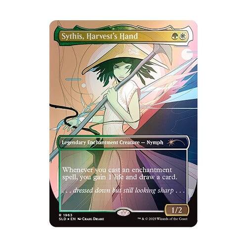 Sythis, Harvest's Hand  
Legendary Enchantment Creature - Nymph  
Whenever you cast an enchantment spell, you gain 1 life and draw a card.  
...dressed down but still looking sharp...  
R 1963 SLD EN  
CRAIG DRAKE  
1/2  
© 2003 Wizards of the Coast