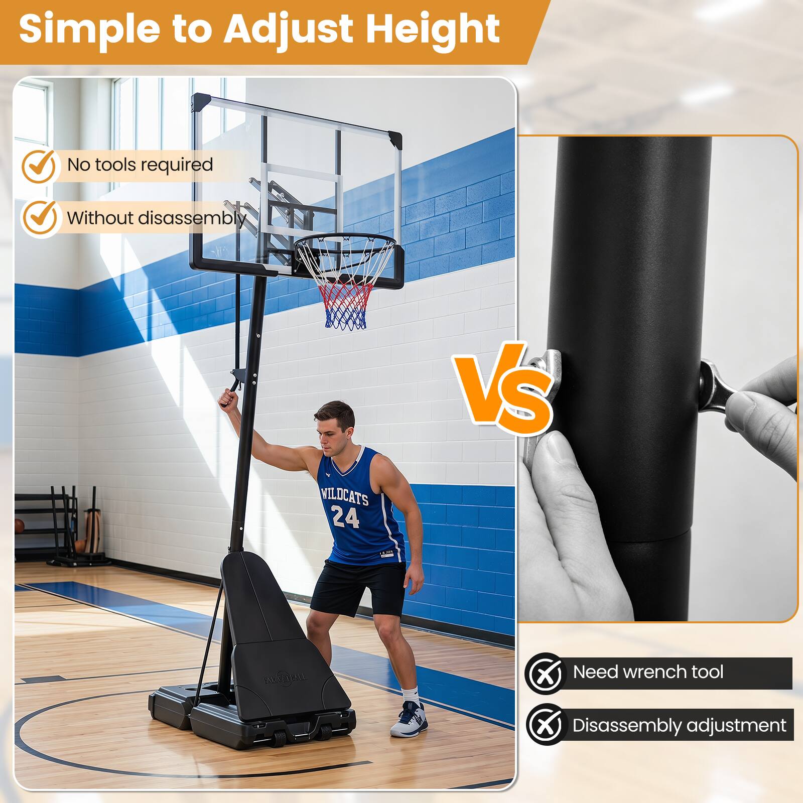 Simple to Adjust Height  
No tools required  
Without disassembly  

VS  

Need wrench tool  
Disassembly adjustment