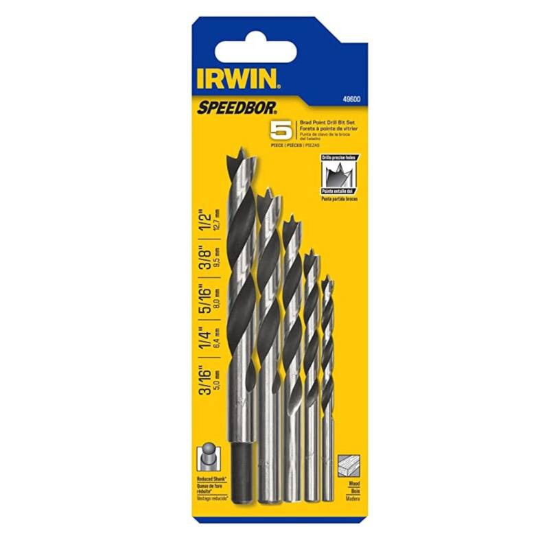 IRWIN SPEEDBOR Brad Point Drill Bit Set 5 Pieces  
- 1/2" 12.7mm  
- 3/8" 9.5mm  
- 5/16" 8.0mm  
- 1/4" 6.4mm  
- 3/16" 5.0mm  

Reduced Shank  
For use in wood, metal, and plastic.