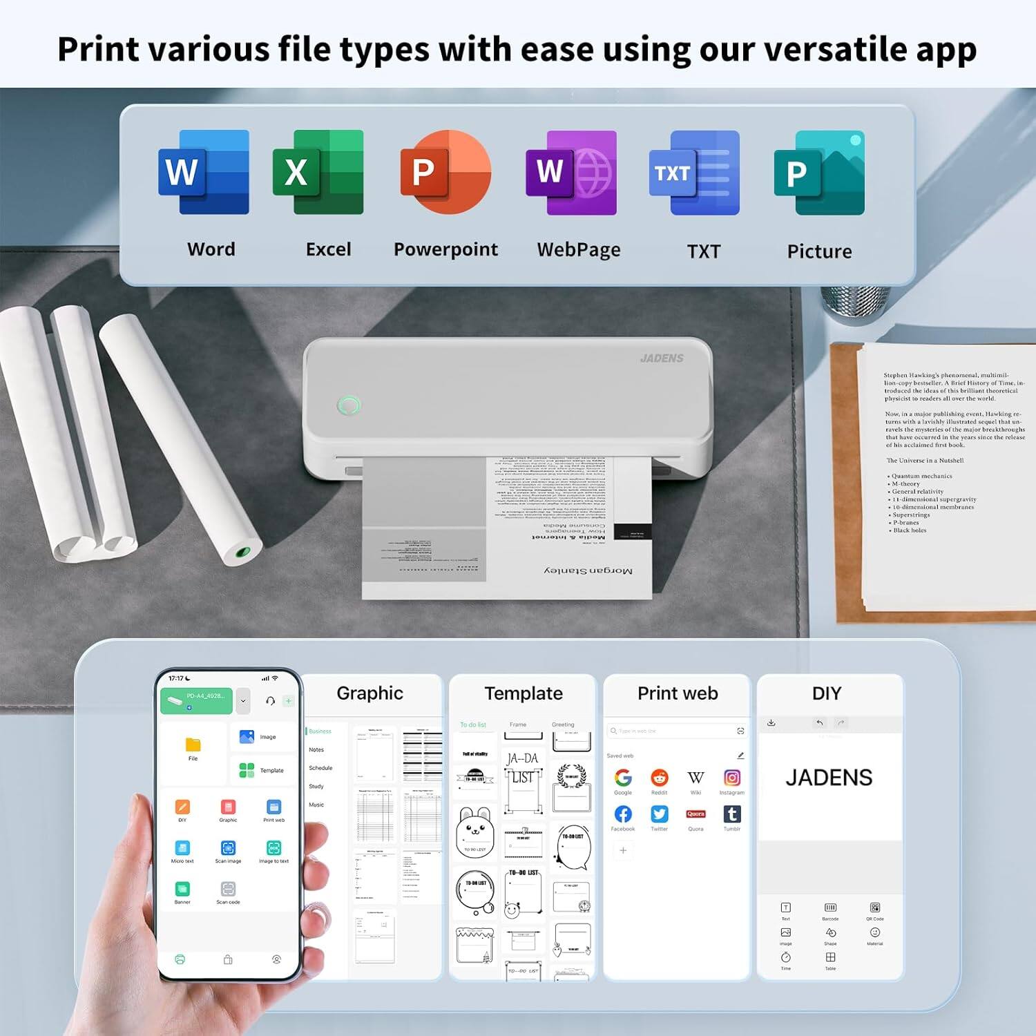 Print various file types with ease using our versatile app

Word Excel PowerPoint WebPage TXT Picture

Graphic Template Print web DIY

JADENS