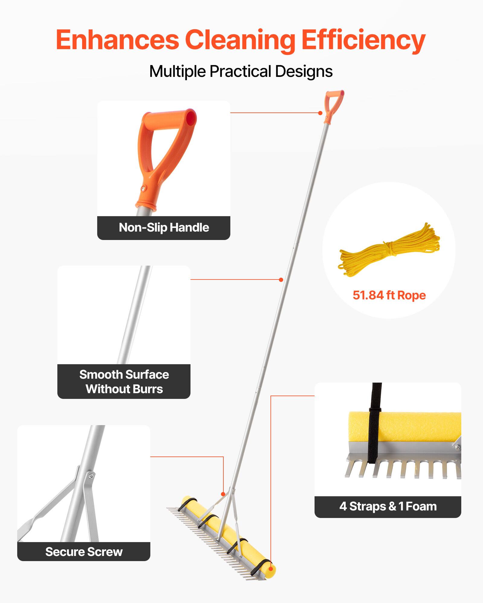 Enhances Cleaning Efficiency  
Multiple Practical Designs  
7 Non-Slip Handle  
51.84 ft Rope  
Smooth Surface Without Burrs  
4 Straps & 1 Foam  
Secure Screw