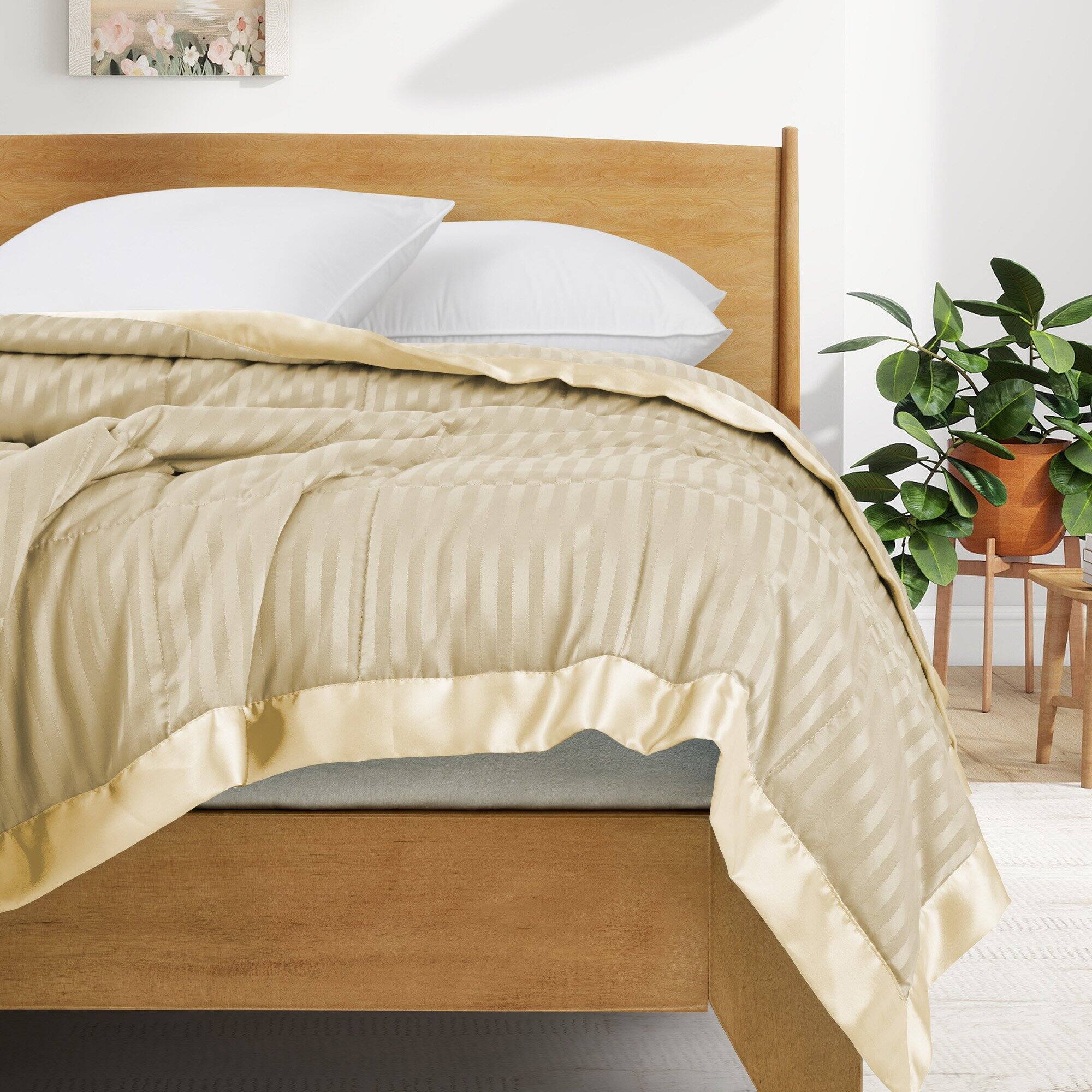 Left. Nest - Peace Nest Hotel Quality Luxury All Season Jacquard Soft Bed Blanket with Satin Trim Cozy and Warm - Khaki.