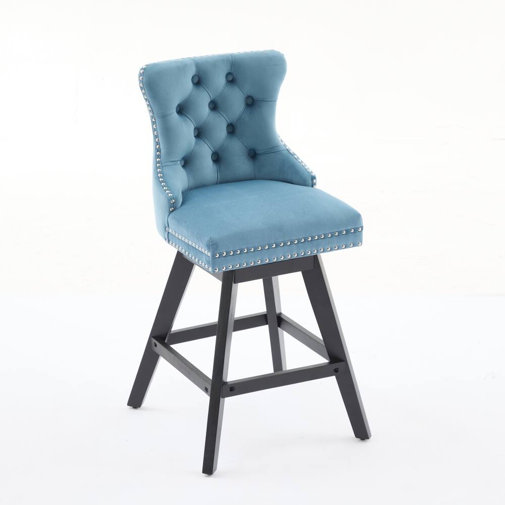 Alt View 1. Loheer - Loheer Swivel Velvet Barstools Set of 2 Light Blue Button Tufted Bar Chairs Wooden Legs Chrome Nailhead Trim - Light Blue.