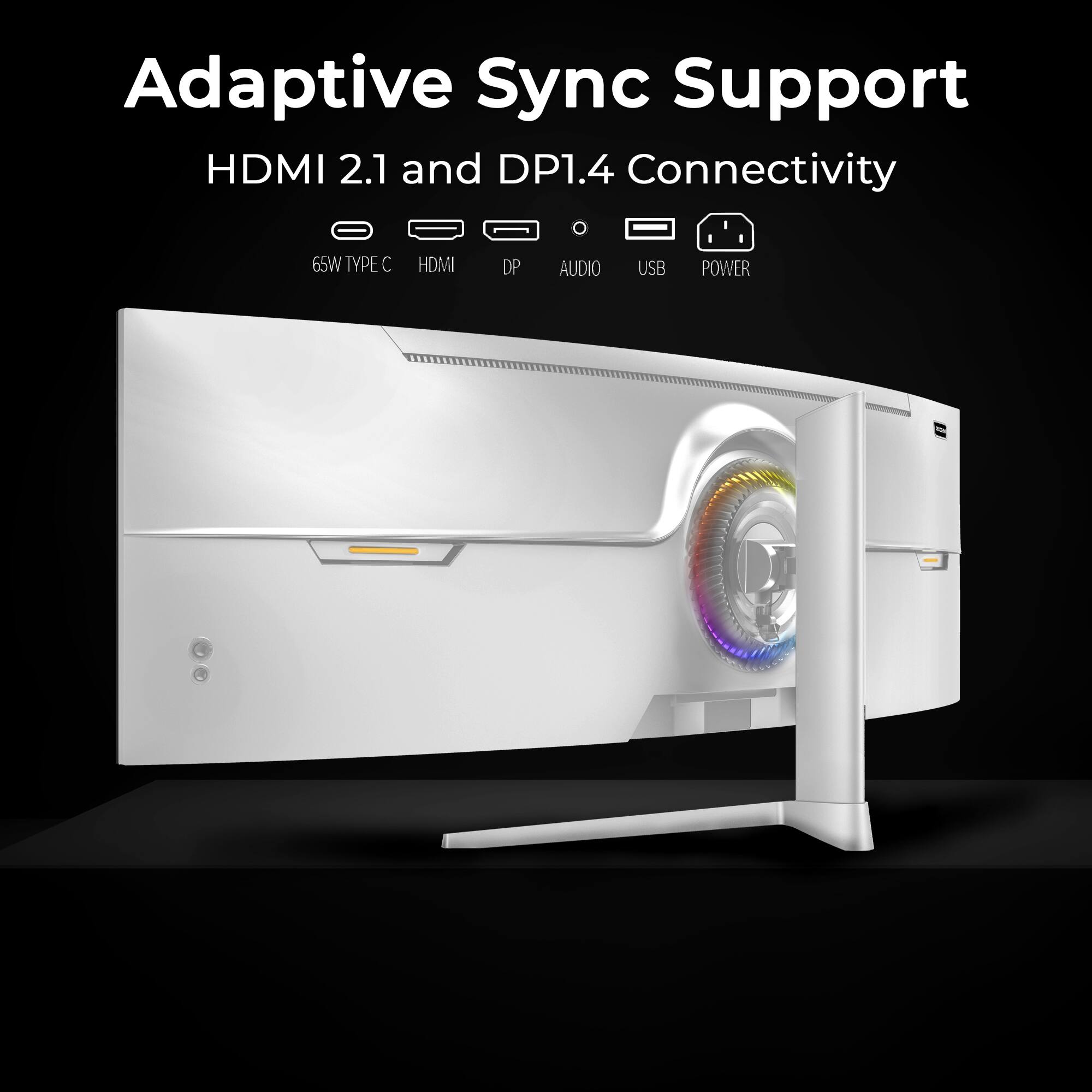 Adaptive Sync Support  
HDMI 2.1 and DP1.4 Connectivity  

65W TYPE C HDMI DP AUDIO USB POWER