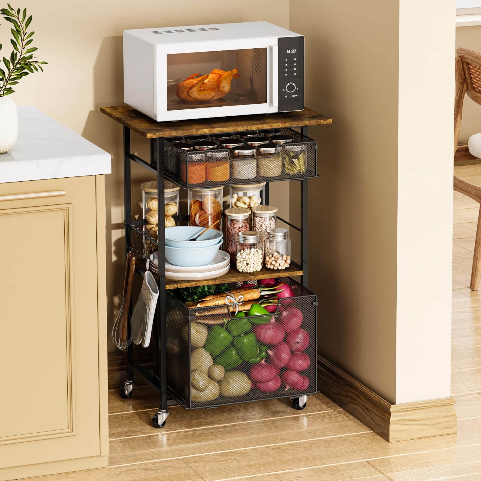 JETRANSPORT - Microwave Stand With Drawers & Hooks 3-tier Rolling Kitchen Cart For Small Spaces Multifunctional - Default