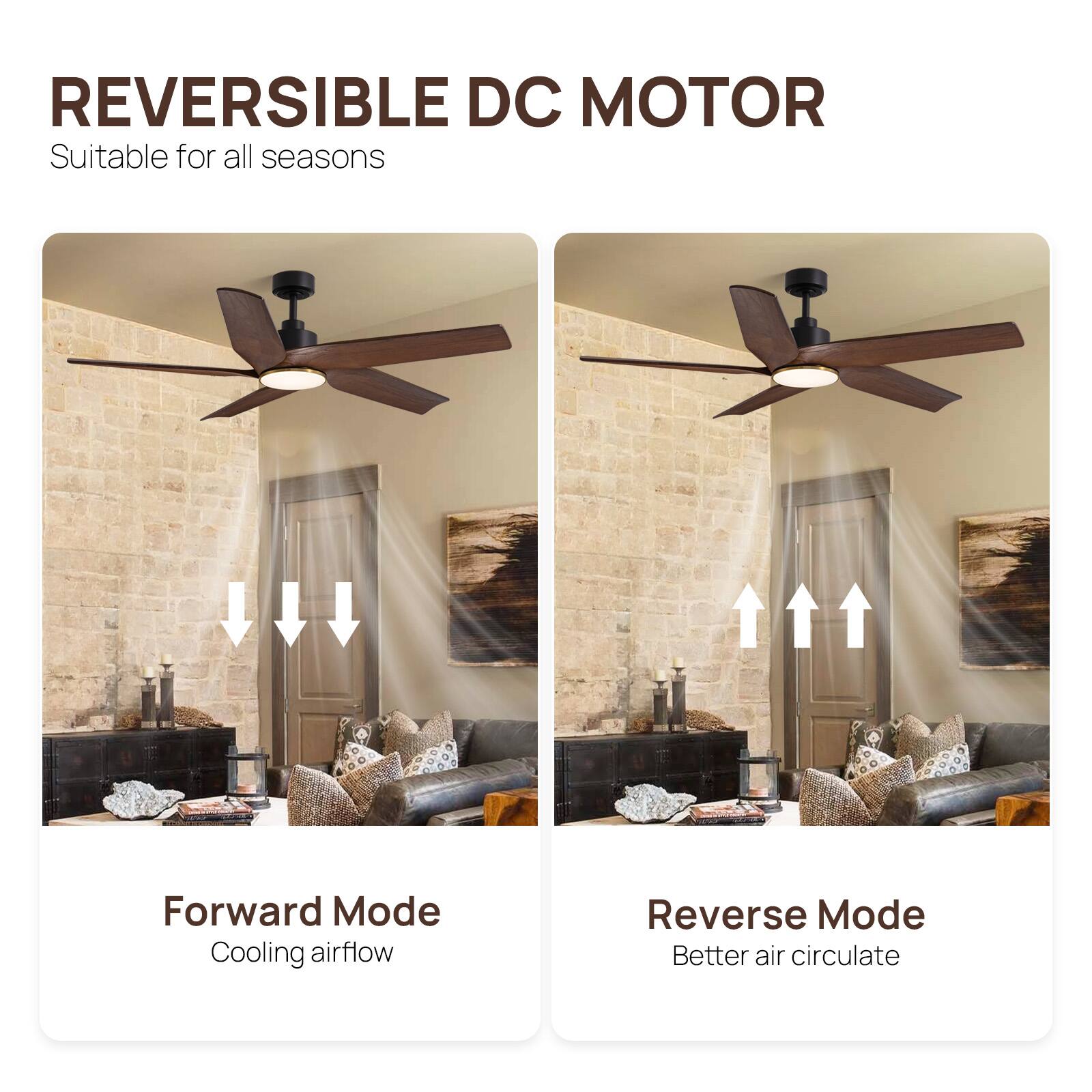 REVERSIBLE DC MOTOR  
Suitable for all seasons  

Forward Mode  
Cooling airflow  

Reverse Mode  
Better air circulation