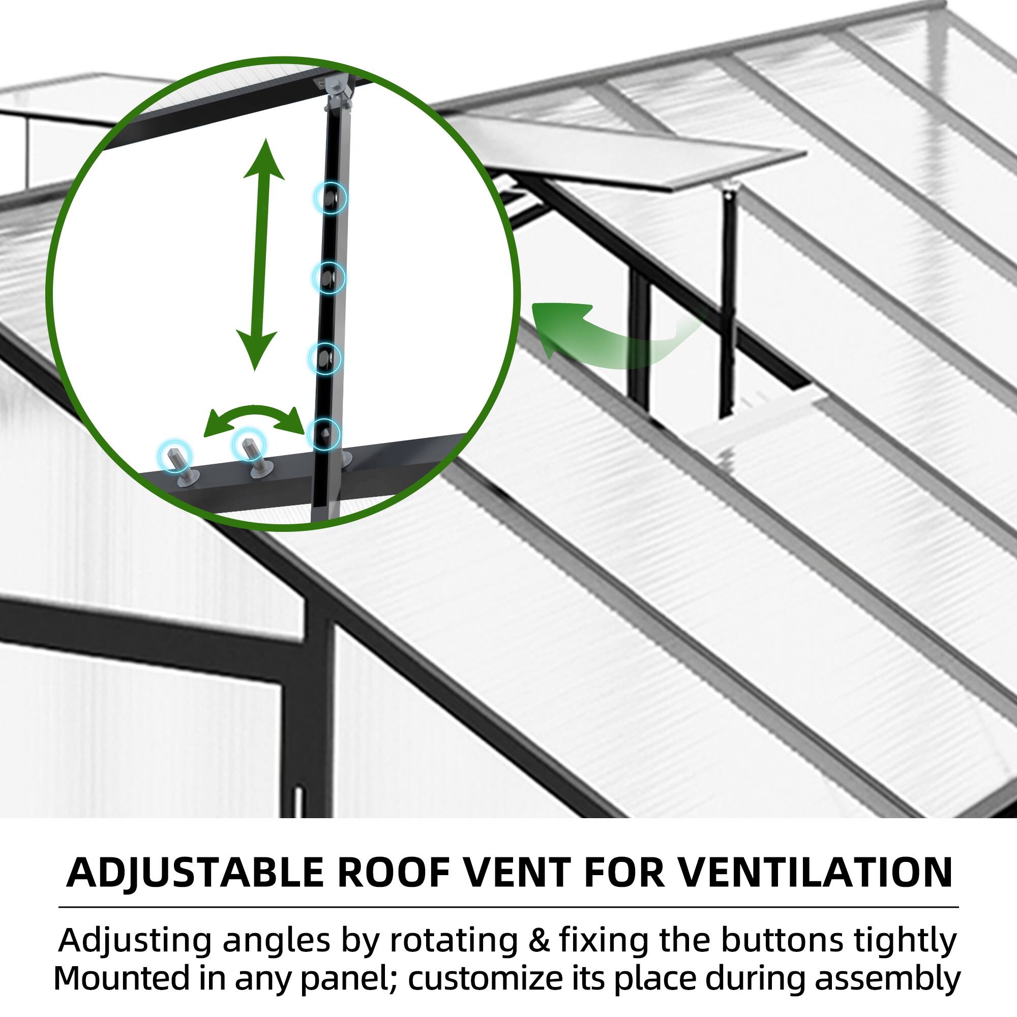 ADJUSTABLE ROOF VENT FOR VENTILATION

Adjusting angles by rotating & fixing the buttons tightly  
Mounted in any panel; customize its place during assembly