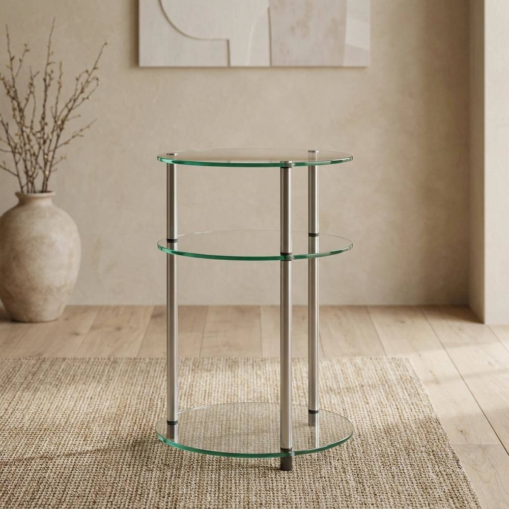 Alt View 1. FurniFact - Round Glass Accent Table with 3 Tiers for Living Room and Lounge Spaces - Clear.
