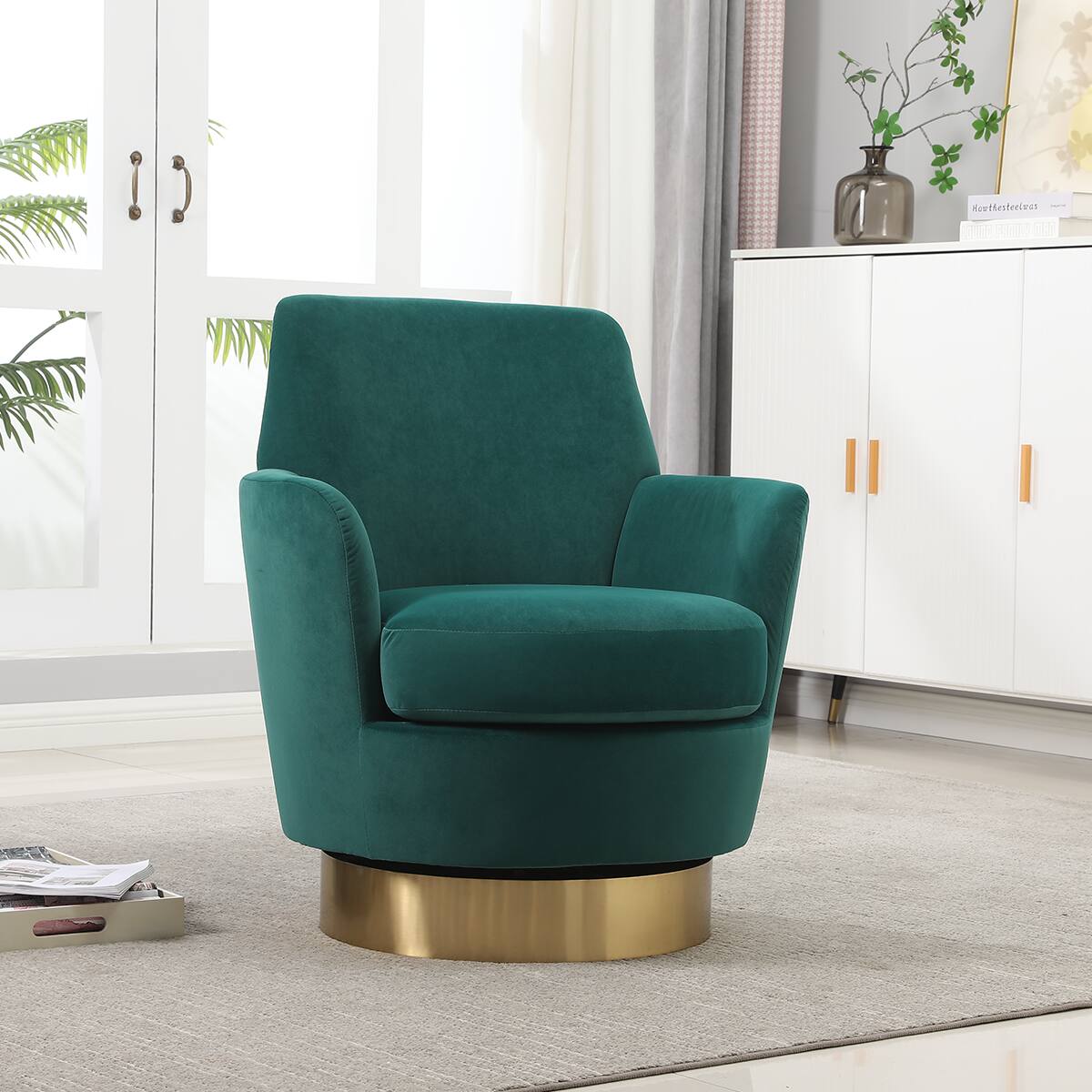 Alt View 5. Trinkets Crazed - Swivel Barrel Chair,Modern Comfy Velvet Upholstered Round Swivel Accent Chairst,360 Degree Single Sofa Chair Armchair - Emerald.