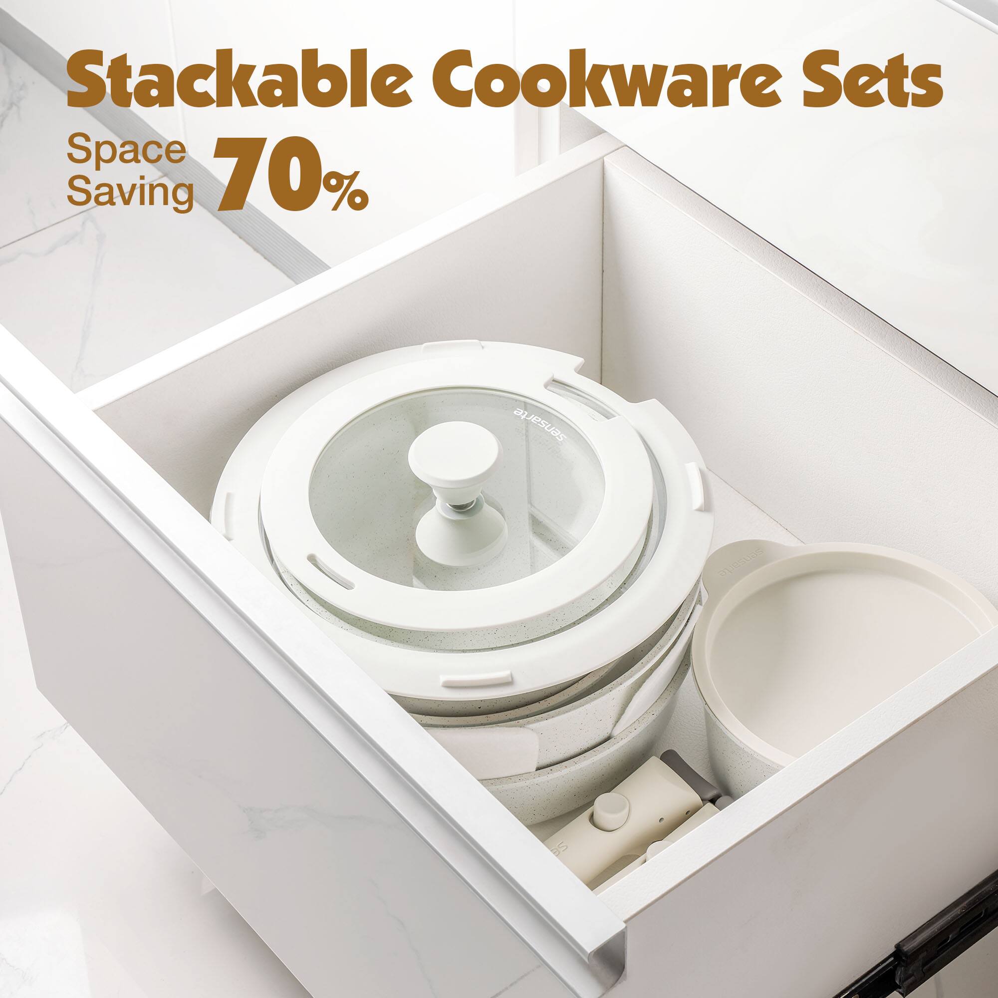 Stackable Cookware Sets  
Space Saving 70%