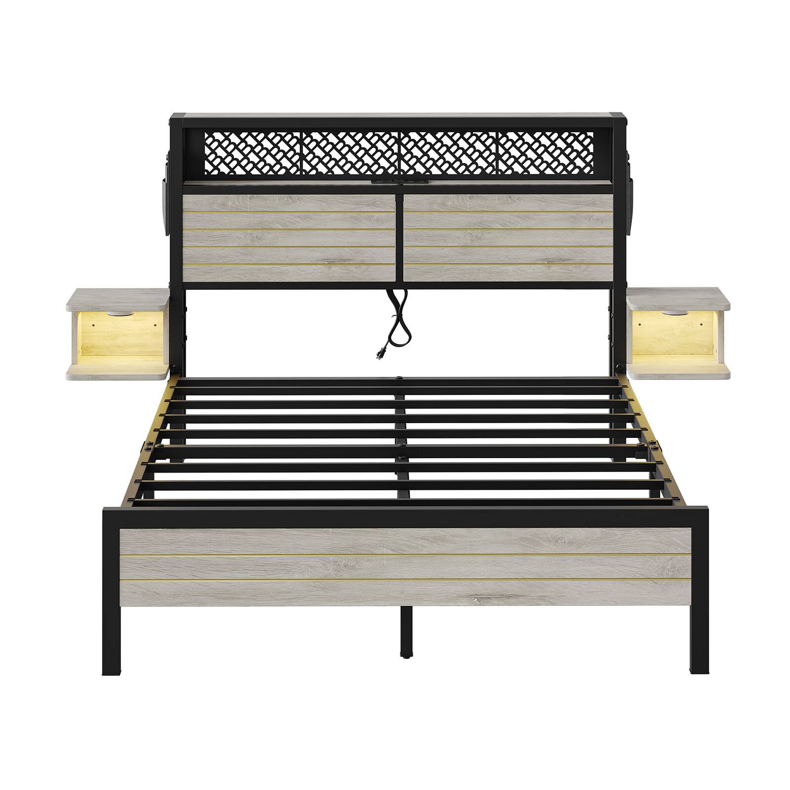 Alt View 5. Bestier - Bestier Full Bed Frame Golden Stripe Headboard LED Nightstands Metal Platform with Charging Station No Box Spring - Grey.