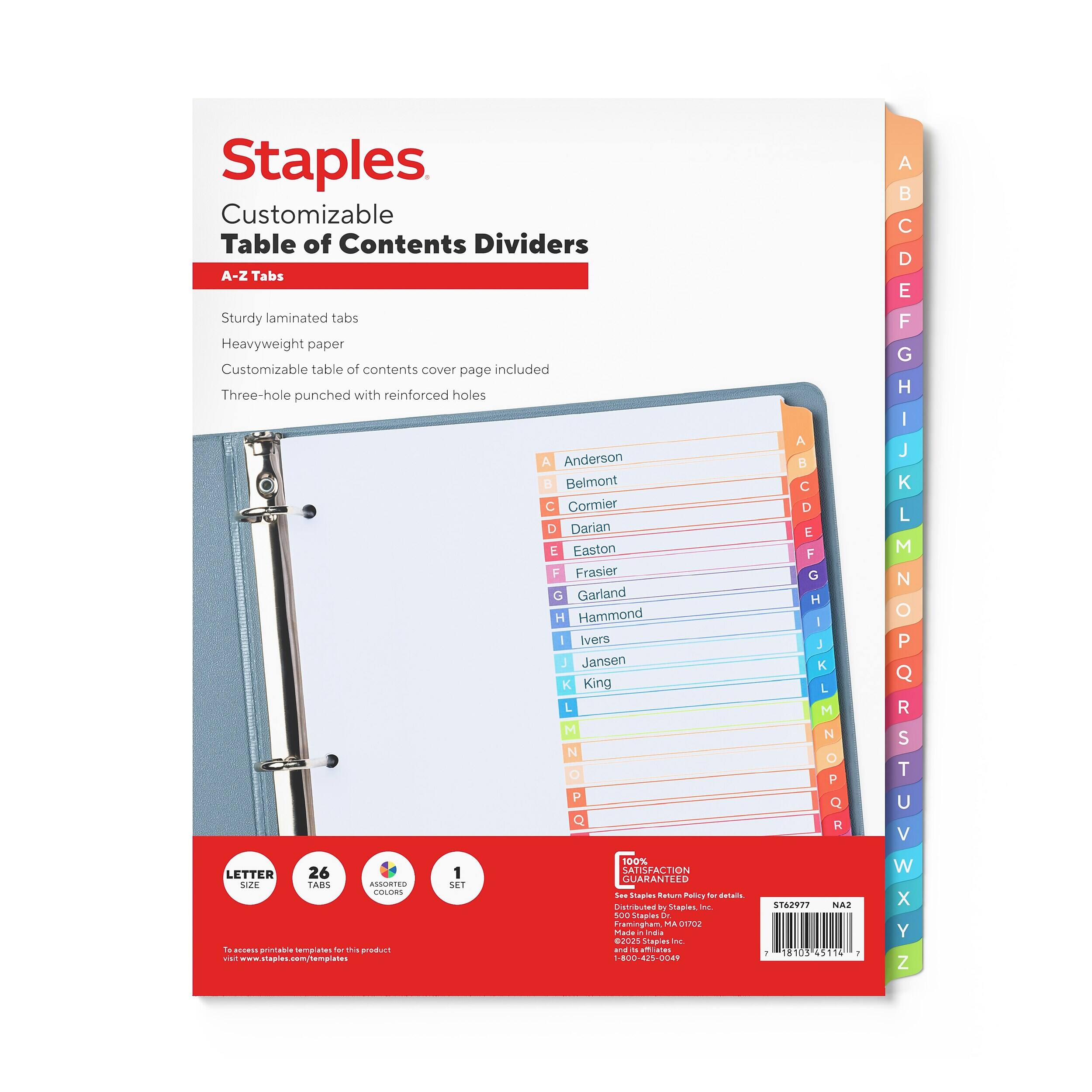 Staples Durable Paper A‑Z Alphabetical Dividers, 26‑Tabs Multicolor ...