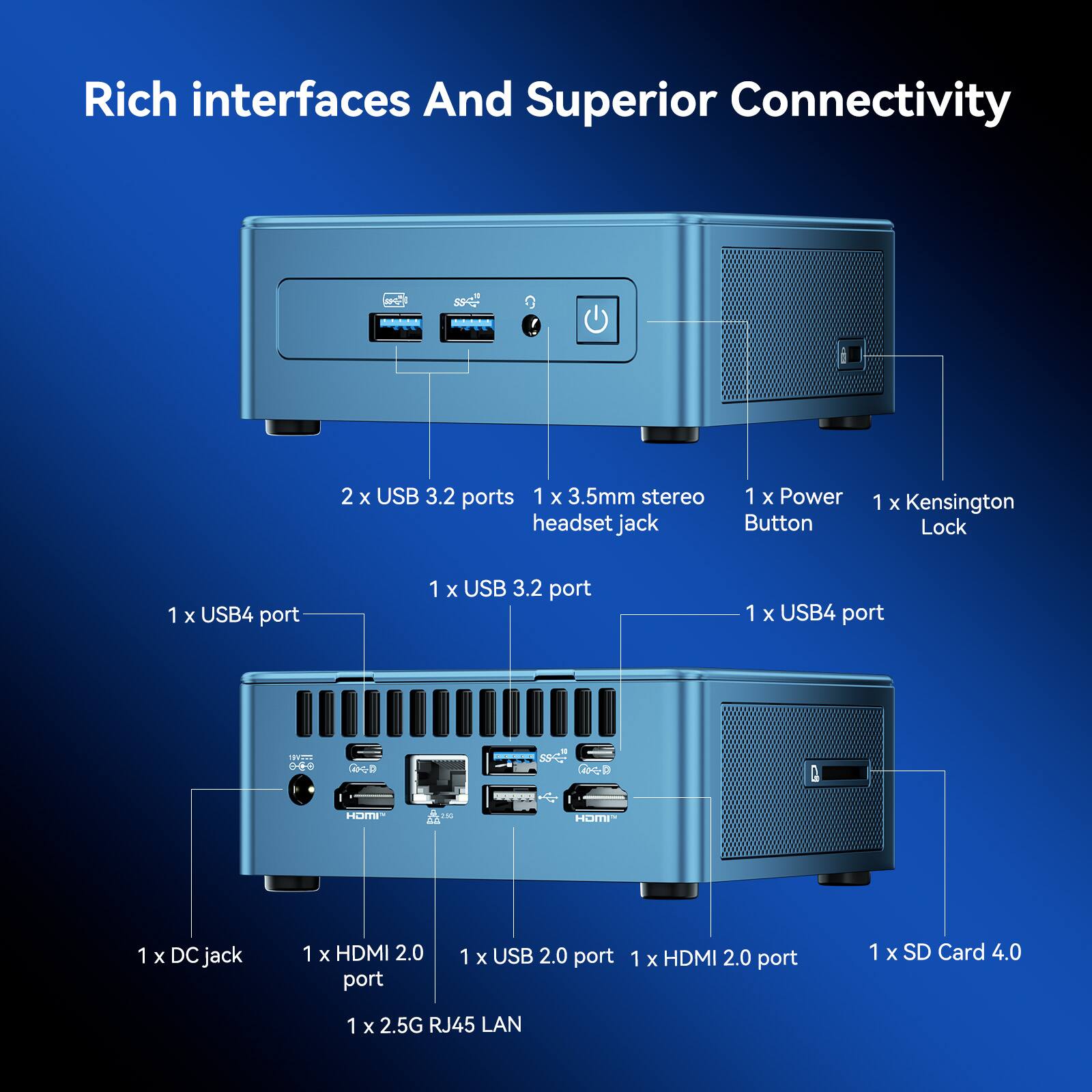 Rich interfaces And Superior Connectivity  
- 2 x USB 3.2 ports  
- 1 x 3.5mm stereo headset jack  
- 1 x Power Button  
- 1 x Kensington Lock  
- 1 x USB4 port  
- 1 x USB 3.2 port  
- 1 x USB4 port  
- 1 x DC jack  
- 1 x HDMI 2.0 port  
- 1 x USB 2.0 port  
- 1 x HDMI 2.0 port  
- 1 x SD Card 4.0  
- 1 x 2.5G RJ45 LAN