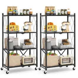 Gymax - 2PCS 4-tier Foldable Storage Shelving Unit w/4 Universal Wheels for Kitchen - Black