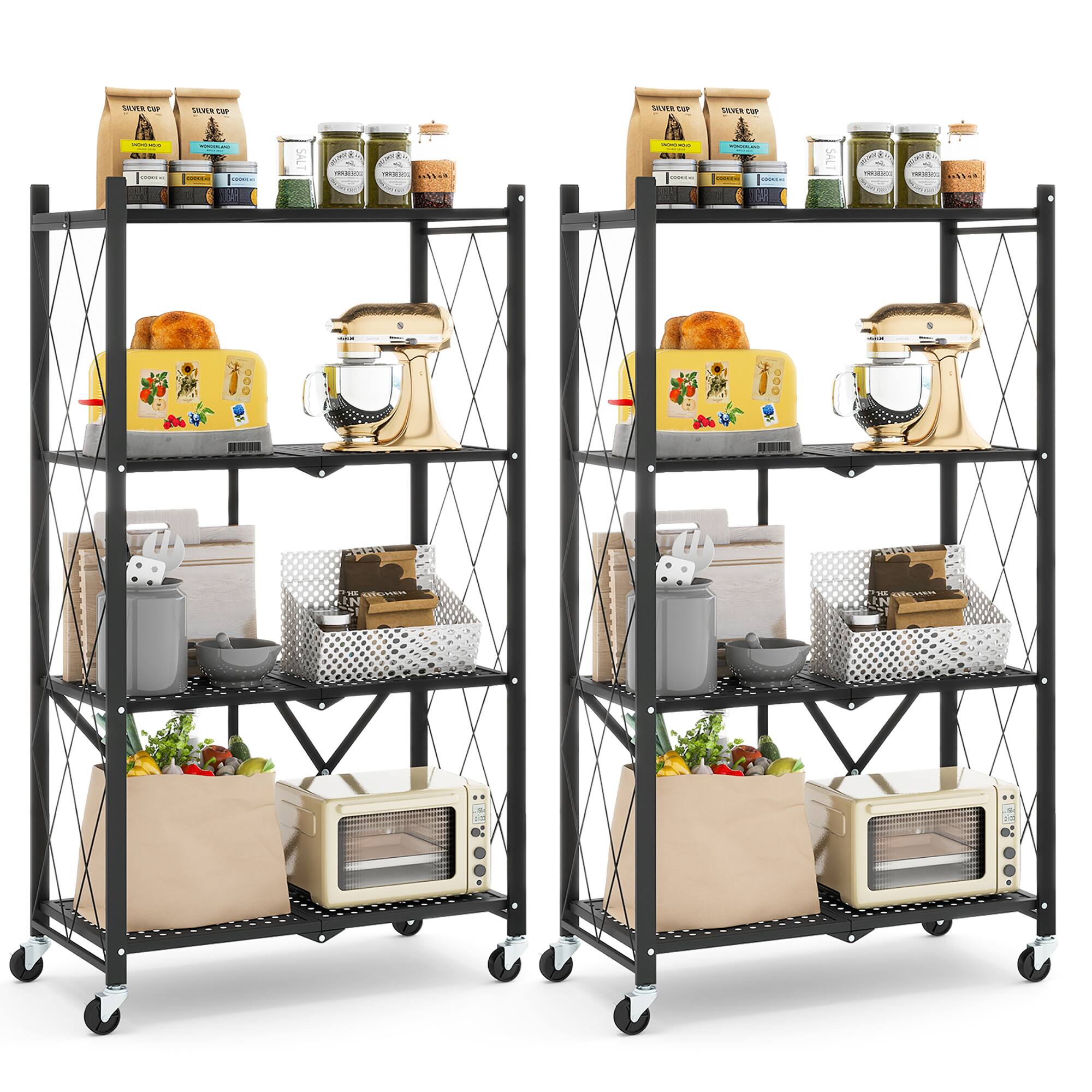 Front. Gymax - Gymax 2PCS 4-tier Foldable Storage Shelving Unit w/4 Universal Wheels for Kitchen - Black.