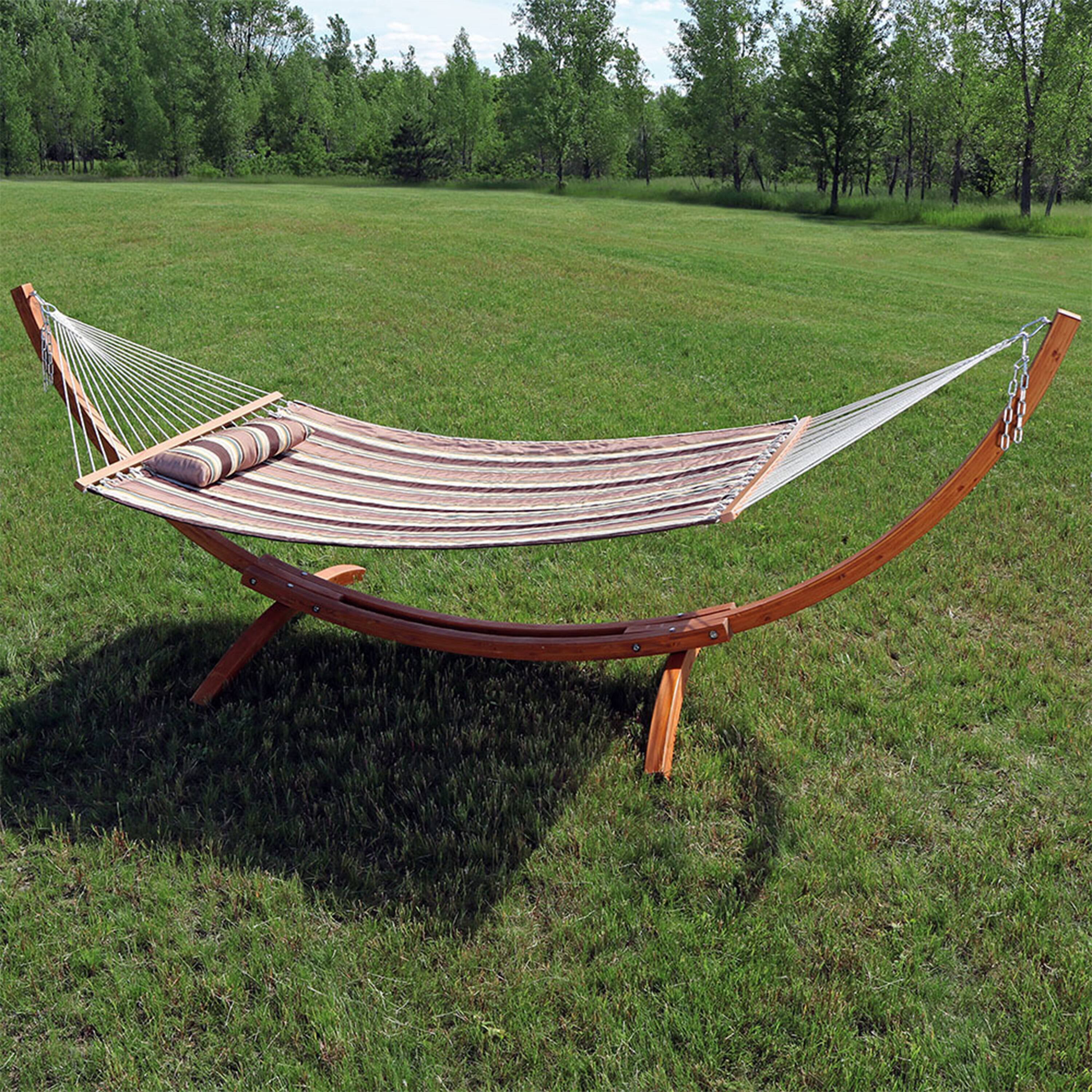Alt View 3. Sunnydaze - 2-Person Quilted Hammock with Curved Wooden Stand - Sandy Beach.