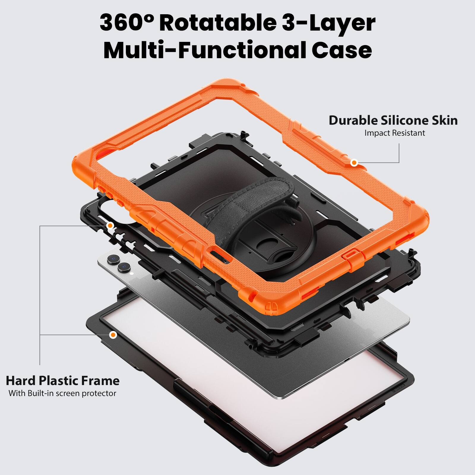 360° Rotatable 3-Layer Multi-Functional Case

Durable Silicone Skin Impact Resistant

Hard Plastic Frame With Built-in screen protector