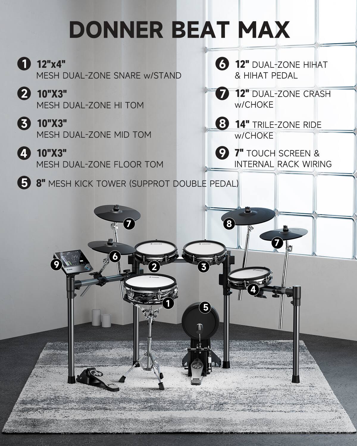 DONNER BEAT MAX

1. 12"x4" MESH DUAL-ZONE SNARE w/STAND
2. 10"X3" MESH DUAL-ZONE HI TOM
3. 10"X3" MESH DUAL-ZONE MID TOM
4. 10"X3" MESH DUAL-ZONE FLOOR TOM
5. 8" MESH KICK TOWER (SUPPORT DOUBLE PEDAL)
6. 12" DUAL-ZONE HIHAT & HIHAT PEDAL
7. 12" DUAL-ZONE CRASH w/CHOKE
8. 14" TRILE-ZONE RIDE w/CHOKE
9. 7" TOUCH SCREEN & INTERNAL RACK WIRING