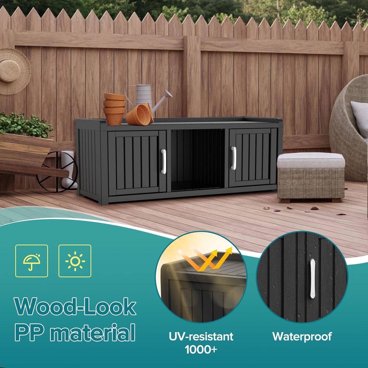 Wood-Look PP material  
UV-resistant 1000+  
Waterproof