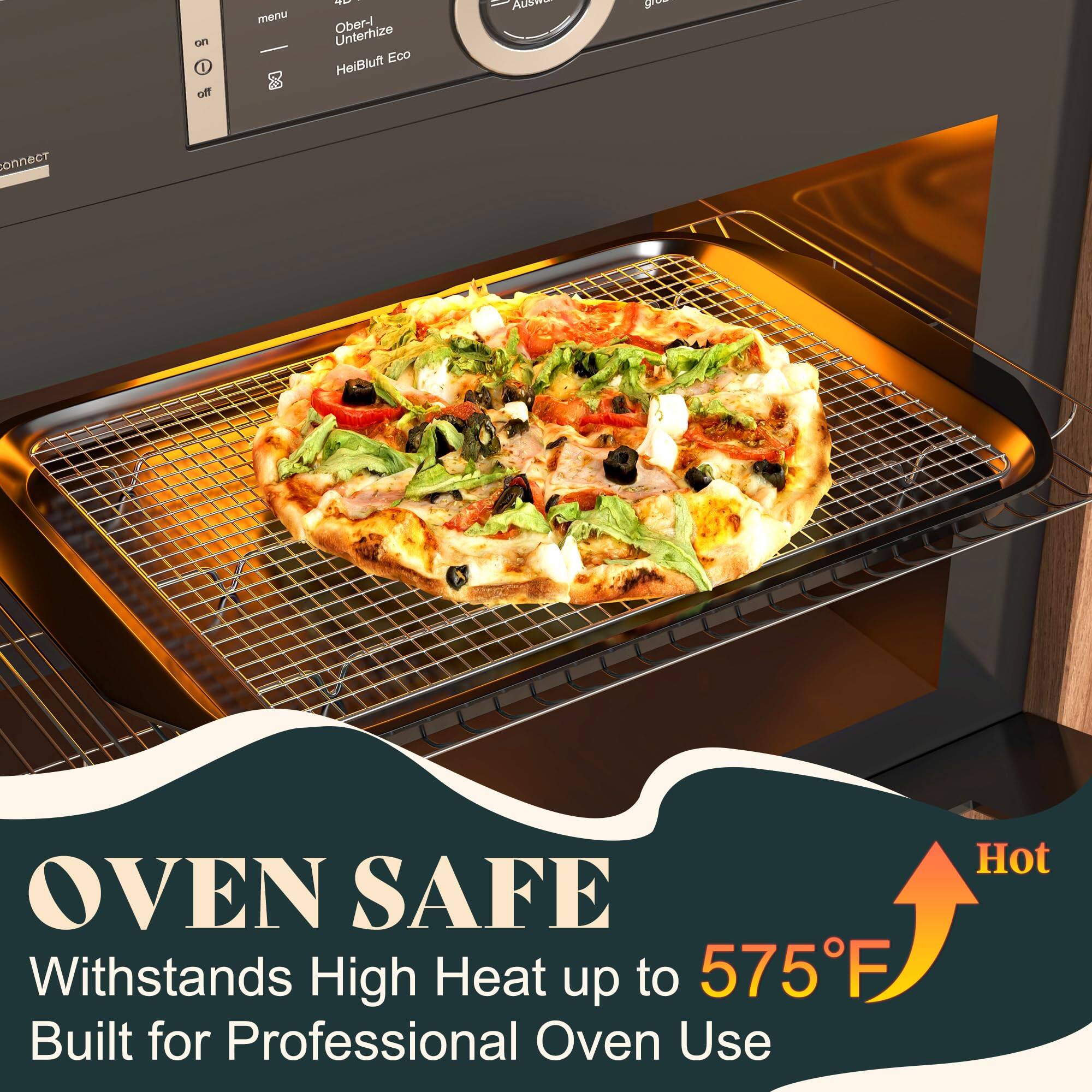Sure, here is the corrected and grouped text from the image:

---

**OVEN SAFE**

Withstands High Heat up to **575°F**

Built for Professional Oven Use

---

**Hot**

---

**Ober-Heizung**

**Unterheizung**

**Heißluft Eco**

---

**menu**

**on**

**off**

---

**connect**

---

**große**