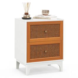 Ecooso - Boho Accent Nightstand with 2 Handwoven Drawers Rattan Bedside End Side Table - White
