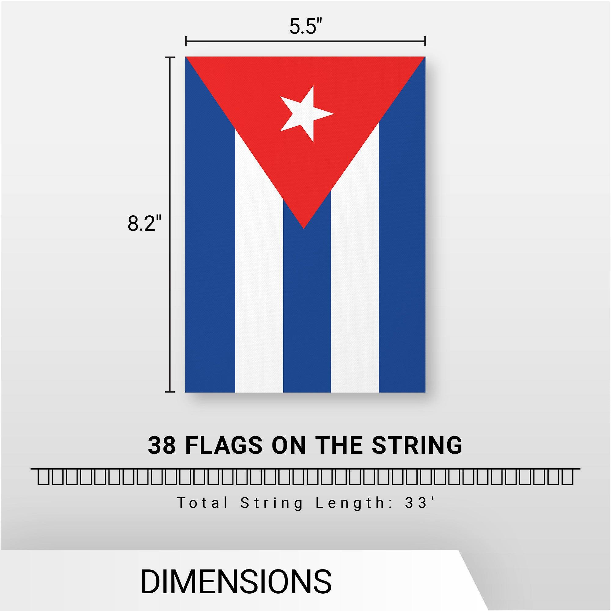 5.5"  
8.2"  
38 FLAGS ON THE STRING  
Total String Length: 33'  
DIMENSIONS