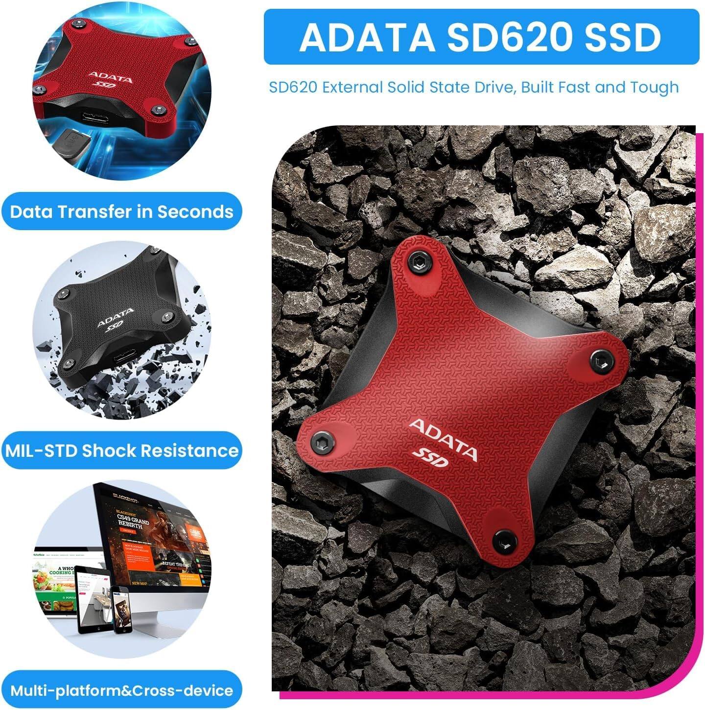 ADATA SD620 SSD  
SD620 External Solid State Drive, Built Fast and Tough  

- Data Transfer in Seconds  
- MIL-STD Shock Resistance  
- Multi-platform & Cross-device