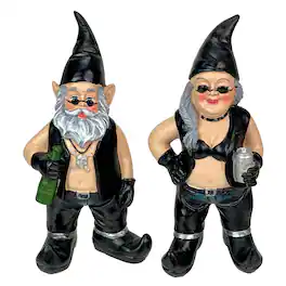Zeckos - Gnoschitt and Gnofun Thirsty Biker Garden Gnome Statues 7.5 Inches High - Black