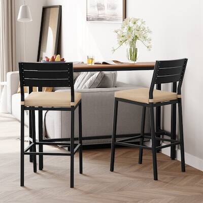 Alt View 3. Crestlive Products - Crestlive Products Set 2 Black Metal Frame Stationary Bar Stool Chair with Seat Cushion - Beige-2PC.