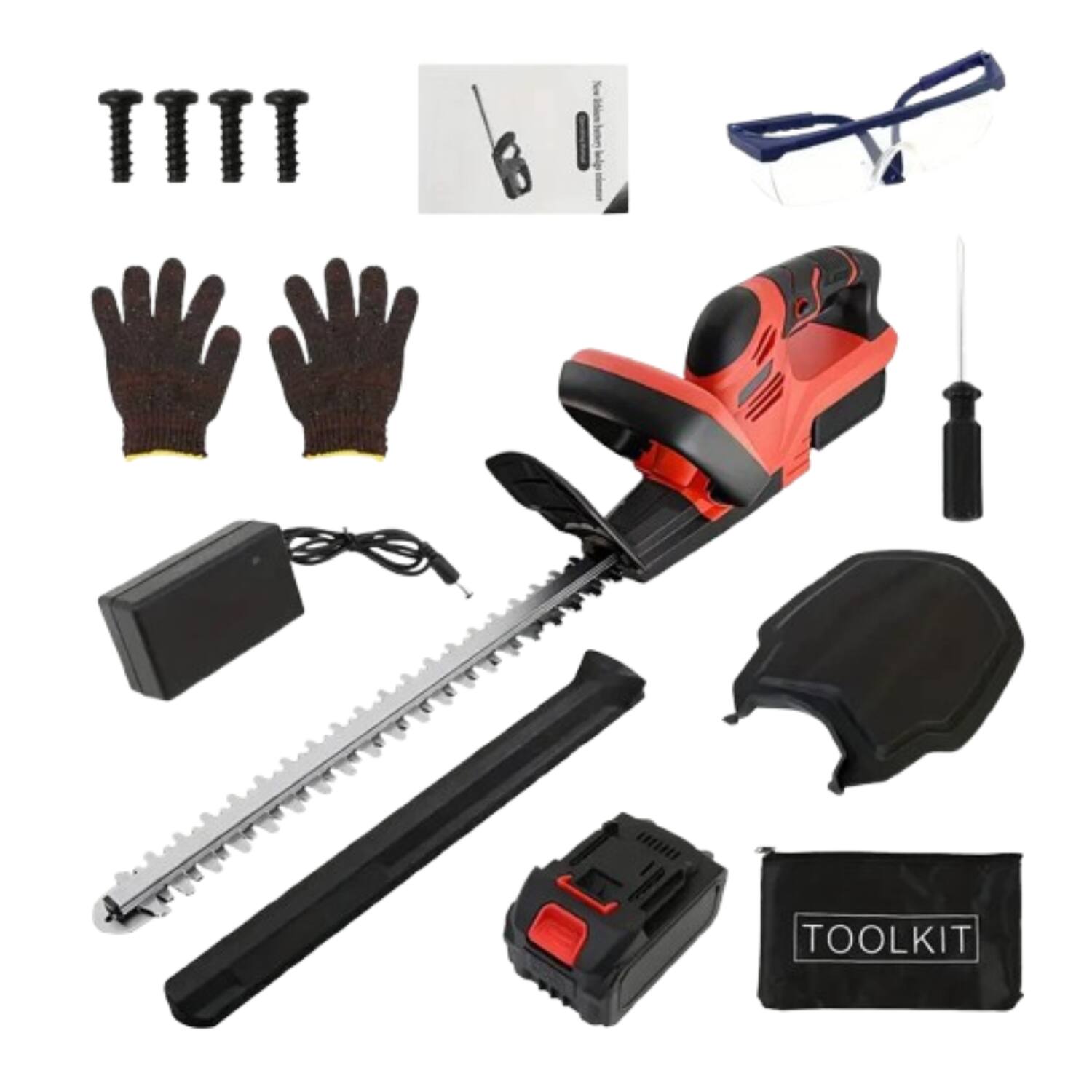 Sure, here is the corrected and grouped text from the image:

- Screws
- Safety Glasses
- Gloves
- Chainsaw
- Battery
- Charger
- Chain
- Chain Tensioner
- Toolkit Bag
- Toolkit